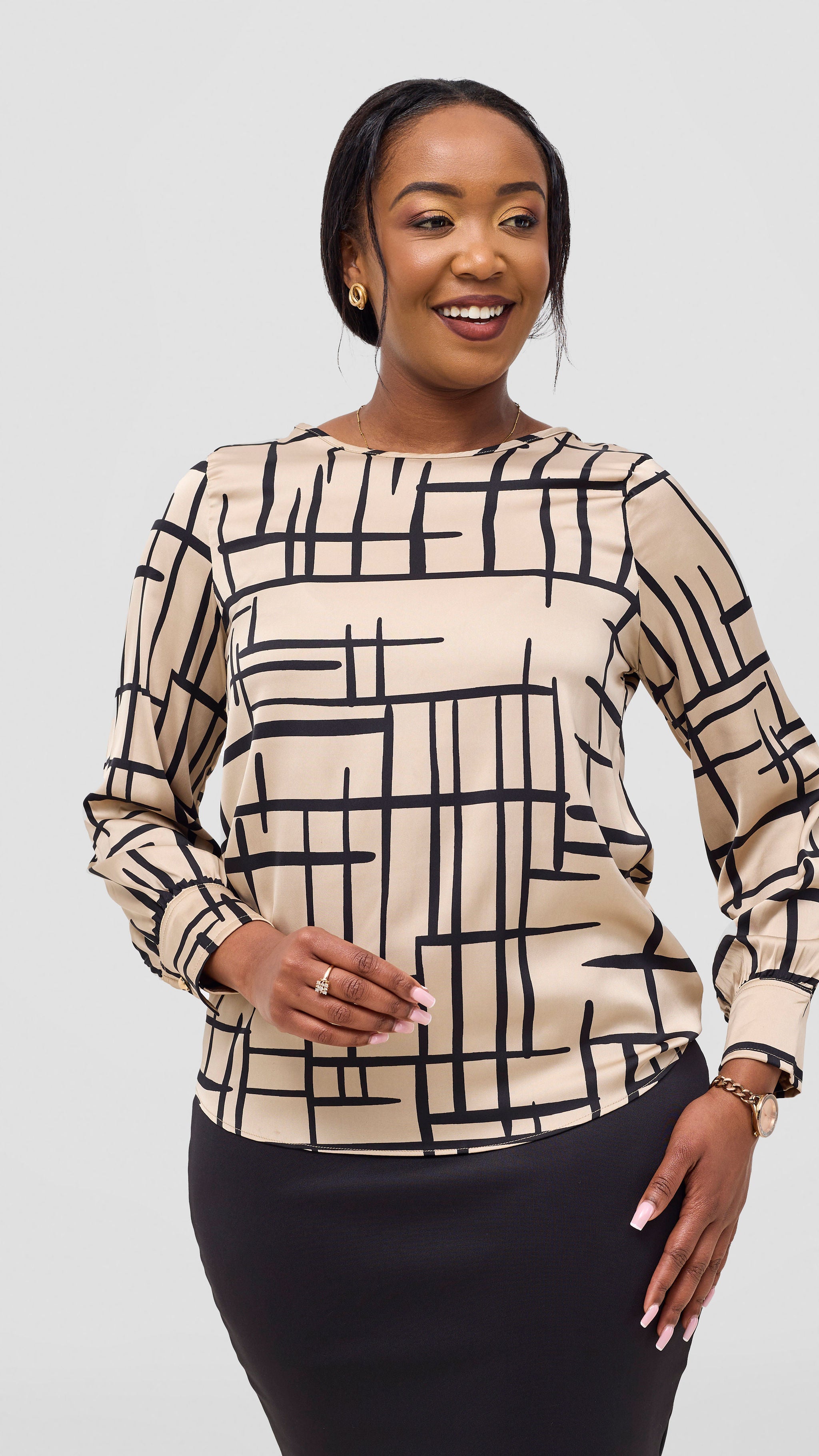 Vivo Tatili Bishop Long Sleeve Top - Black / Beige Print