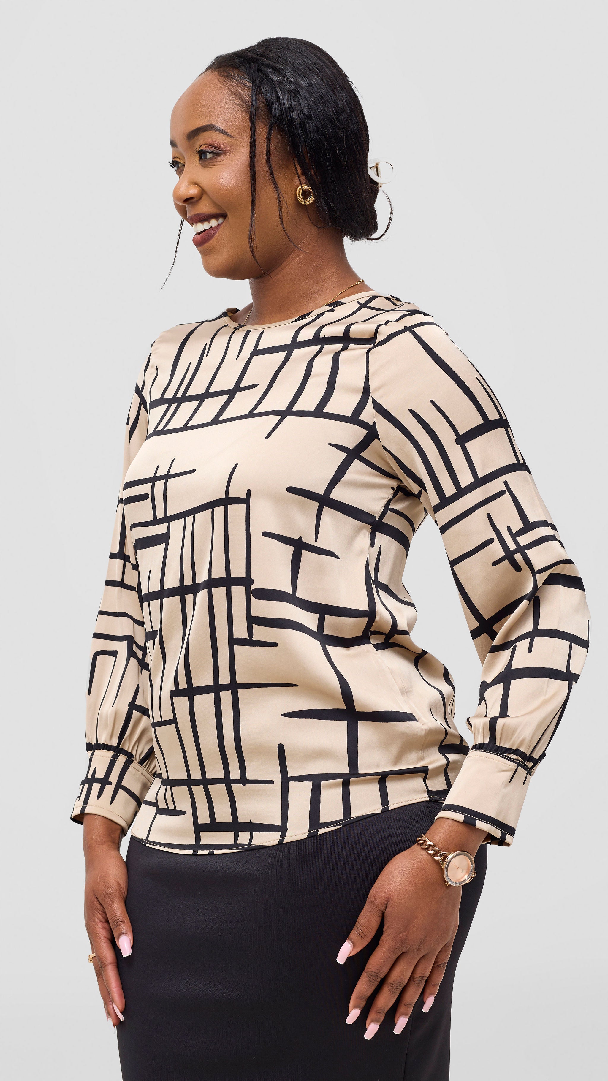 Vivo Tatili Bishop Long Sleeve Top - Black / Beige Print