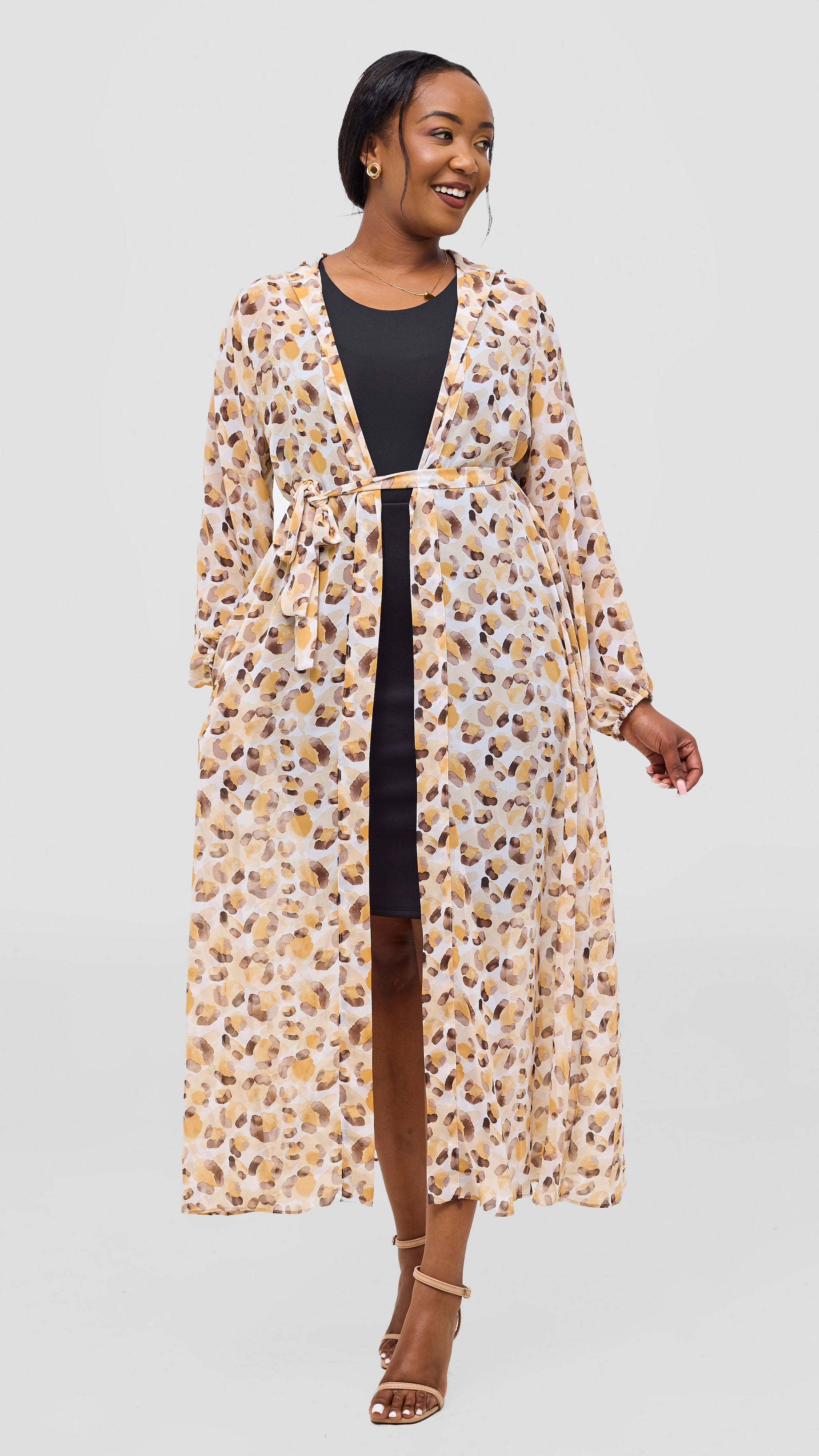Vivo Basic Hooded Kimono - White / Brown Print