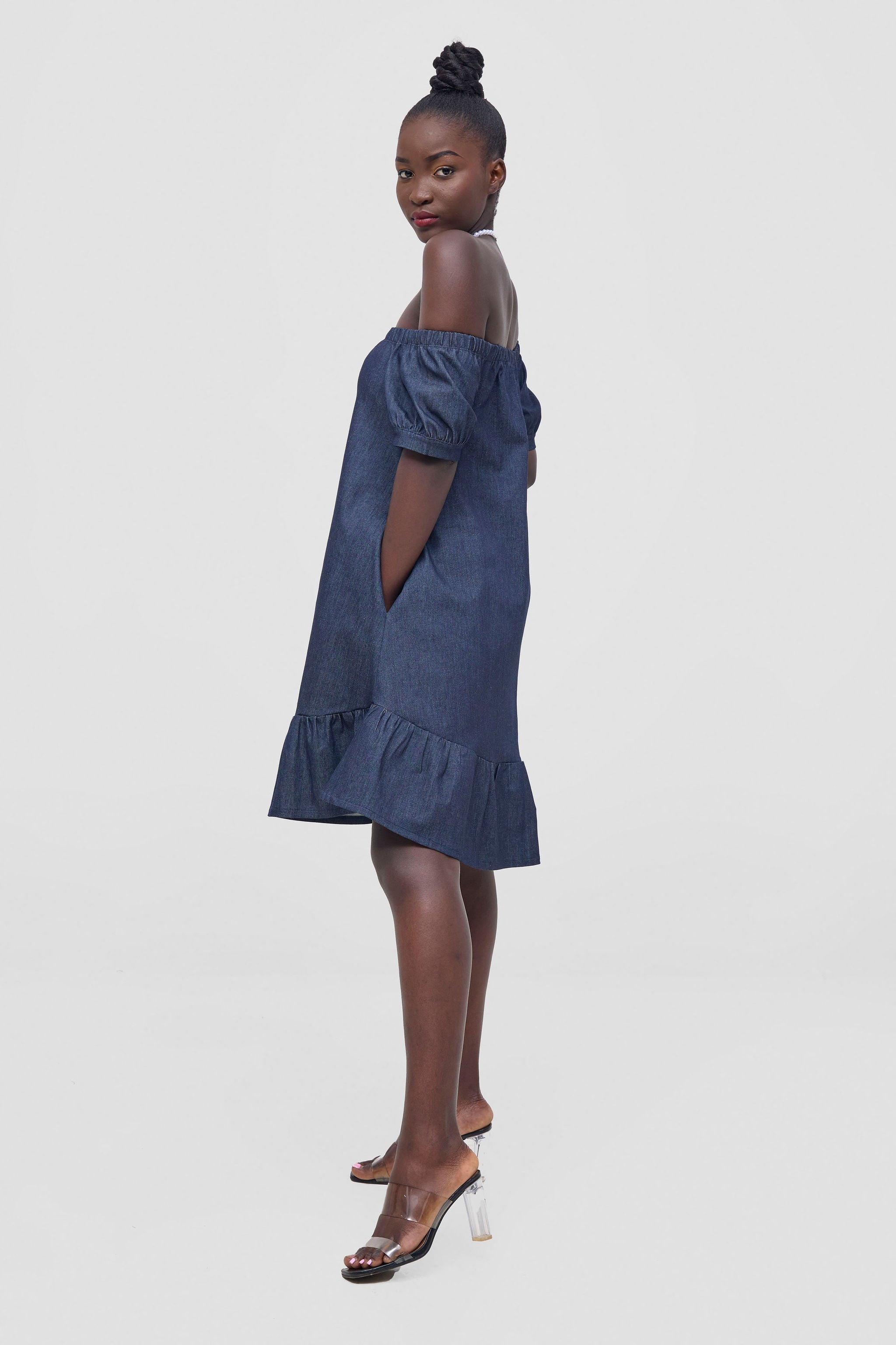 Zoya Nia Off Shoulder Knee Length Dress - Navy Blue