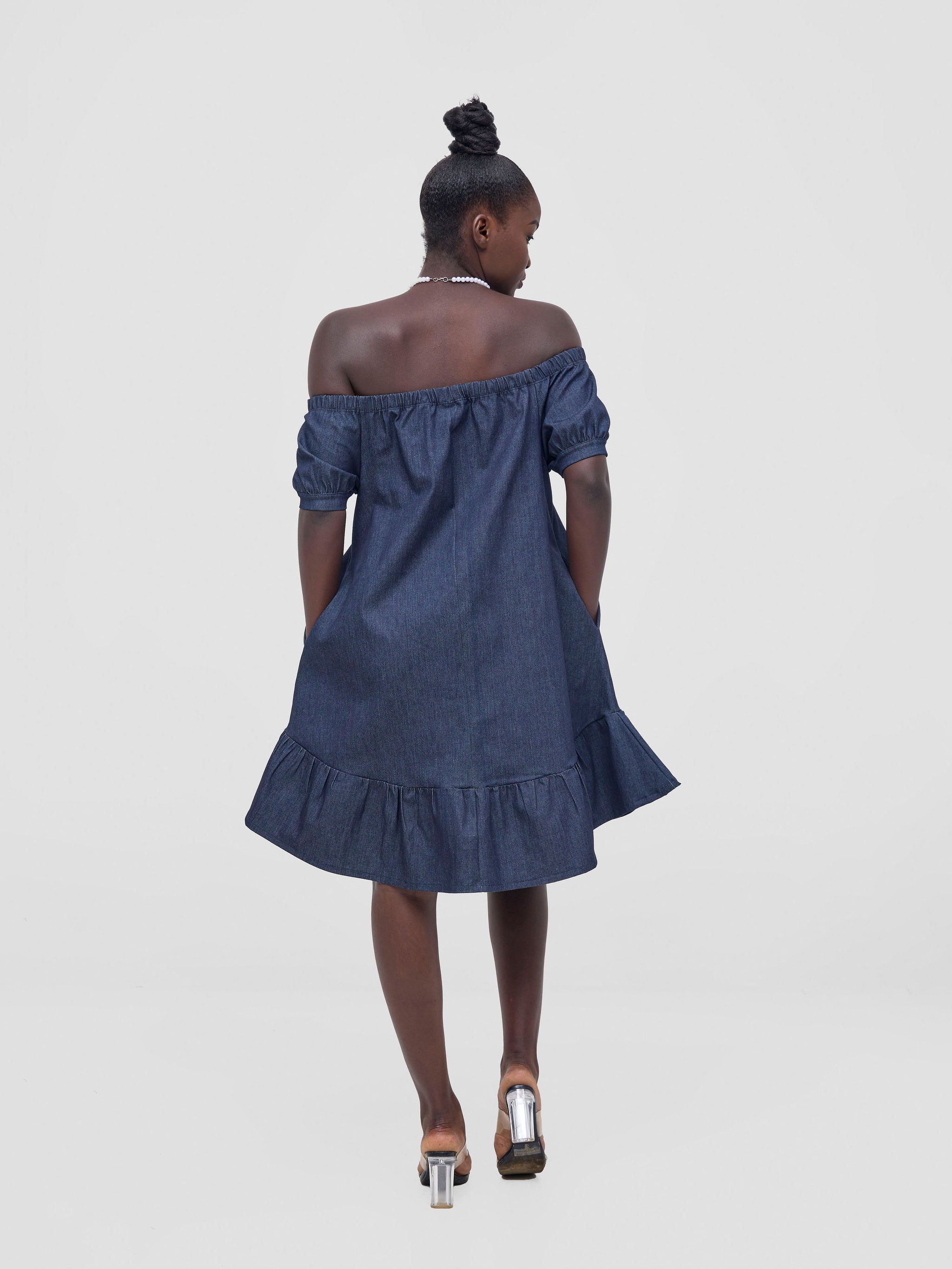 Zoya Nia Off Shoulder Knee Length Dress - Navy Blue