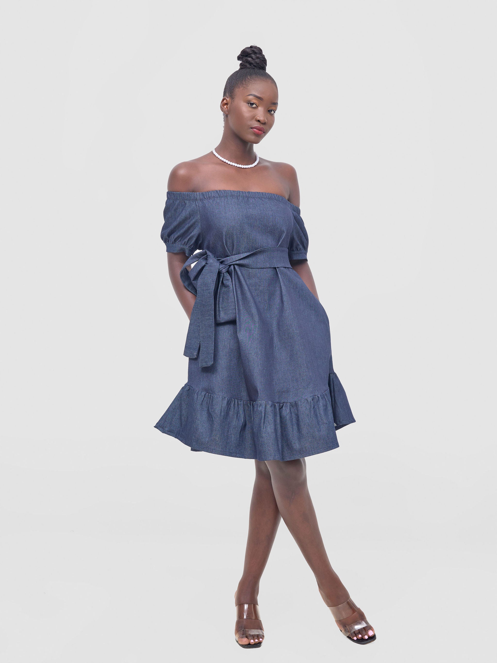 Zoya Nia Off Shoulder Knee Length Dress - Navy Blue