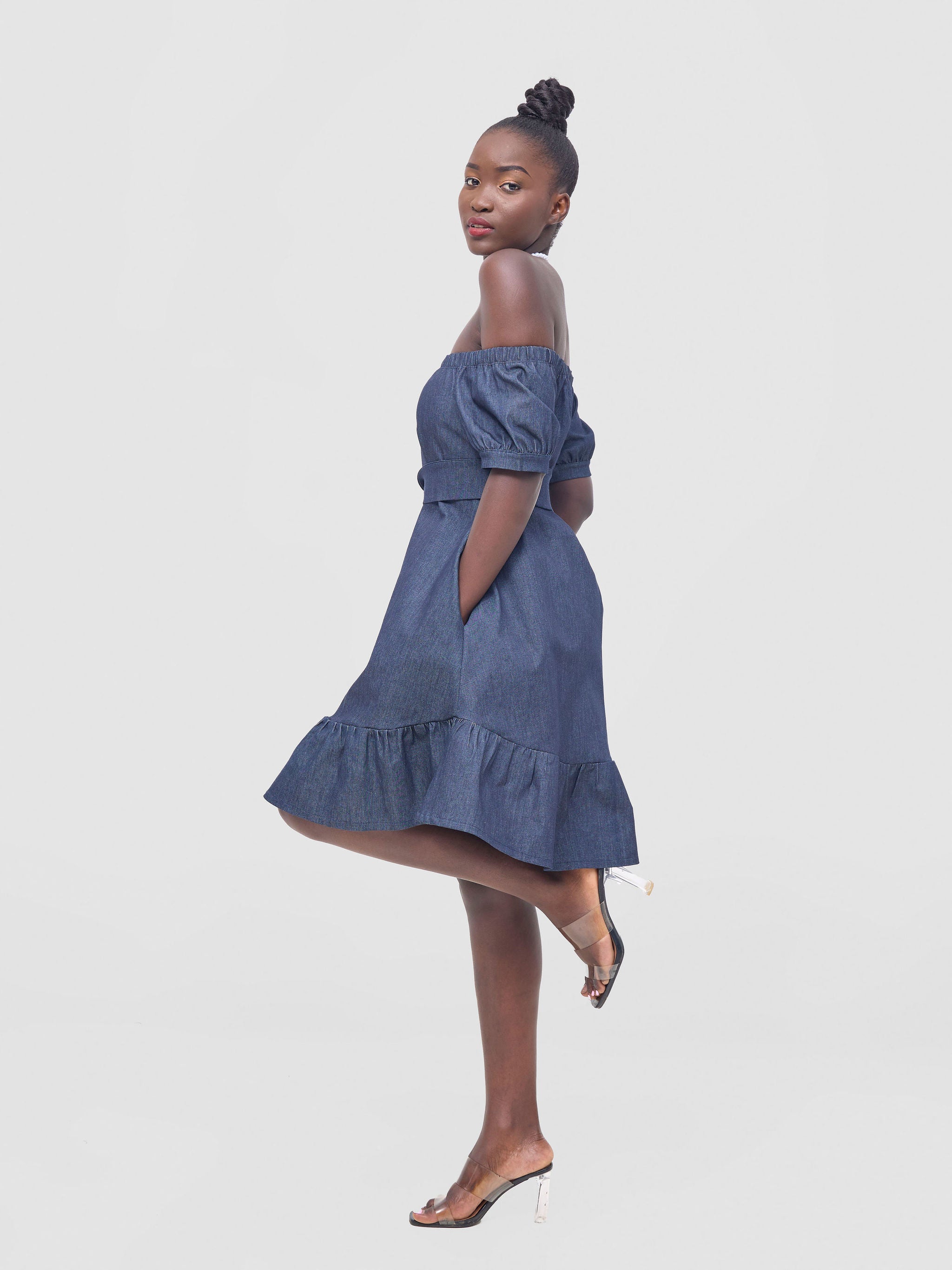 Zoya Nia Off Shoulder Knee Length Dress - Navy Blue