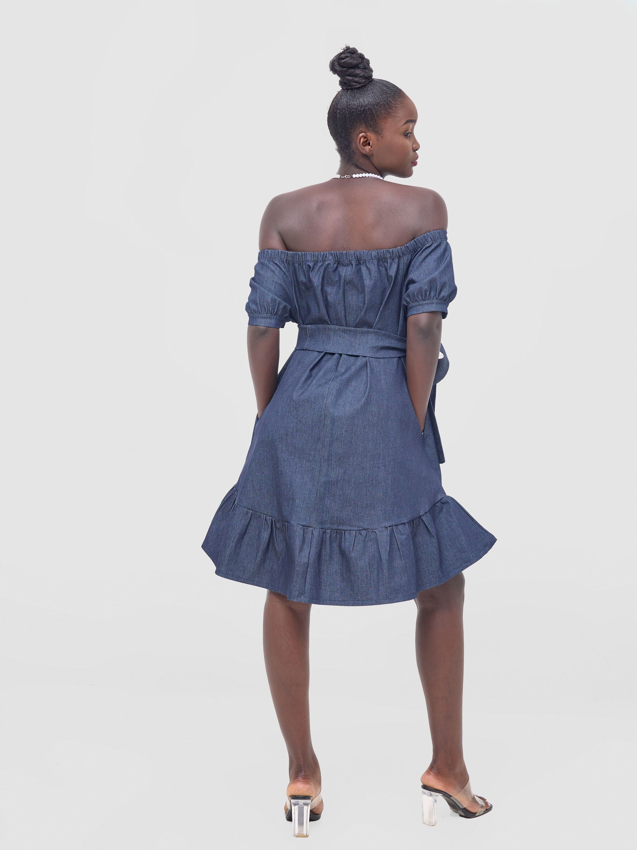 Zoya Nia Off Shoulder Knee Length Dress - Navy Blue