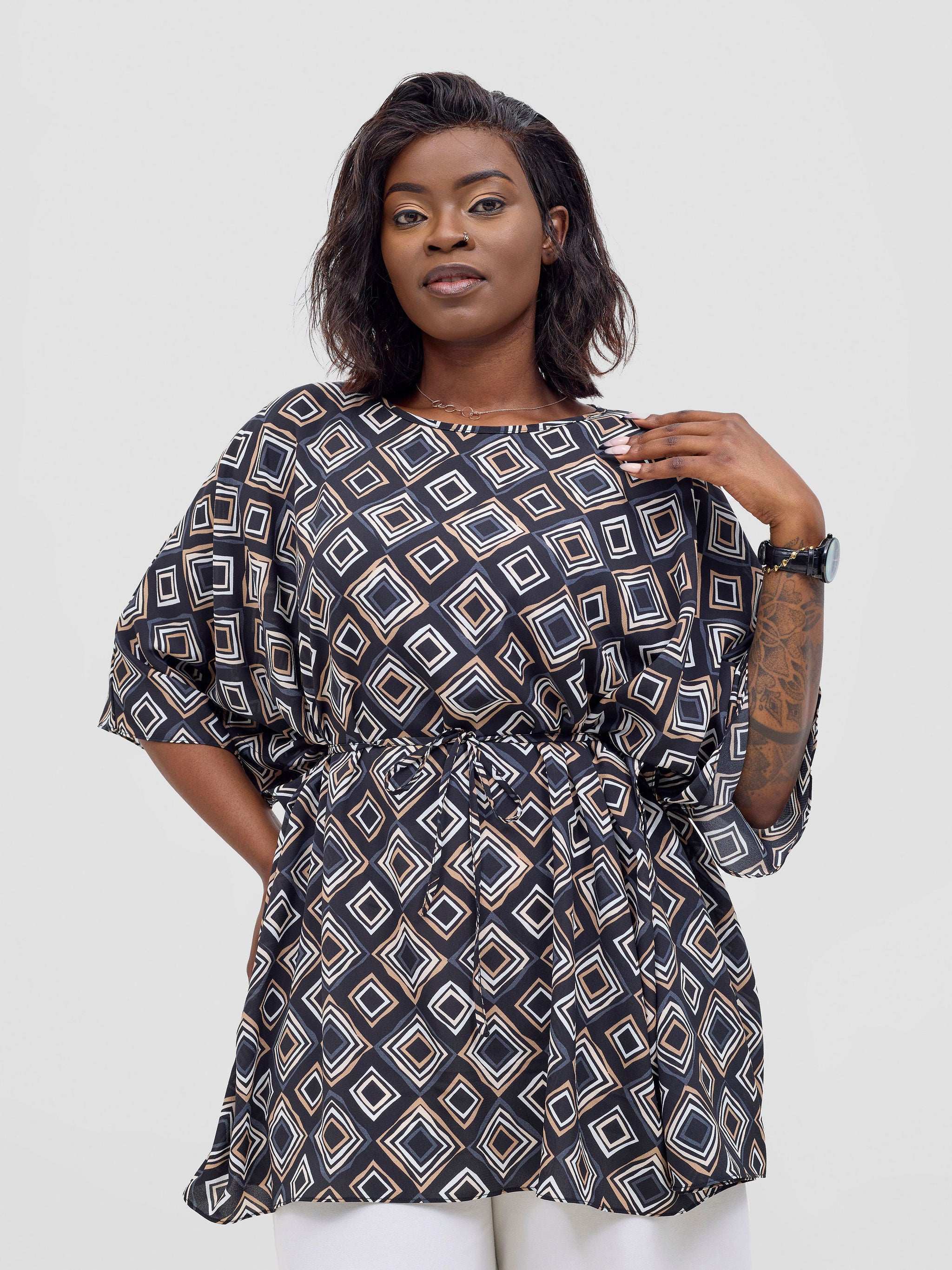 Vivo Basic Chiffon Tie Kaftan Top - Black / Taupe Api Print