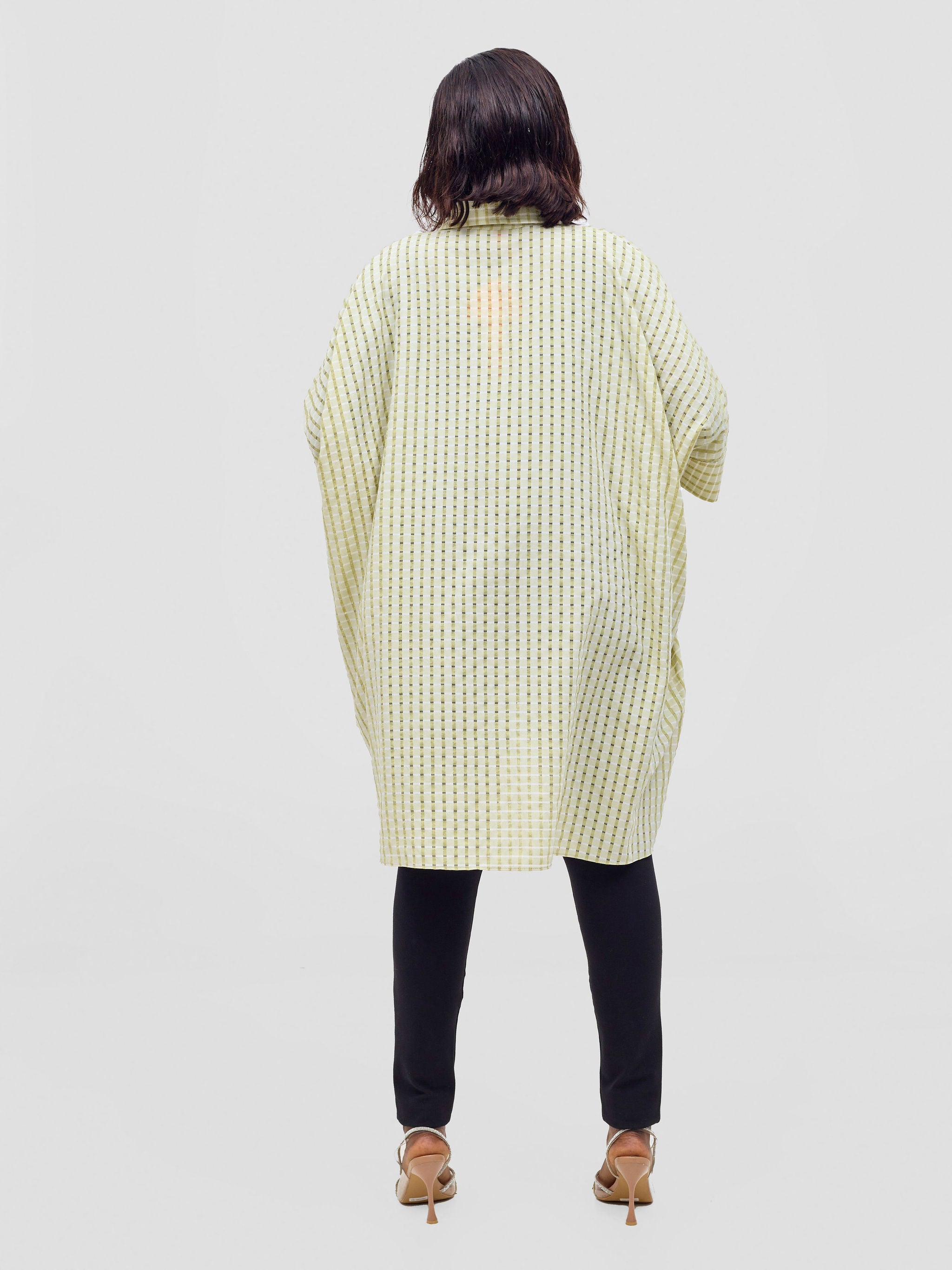 Vivo Mistari 3/4 Sleeve  V - Neck Collared Tunic Top -  Light Olive Checkered