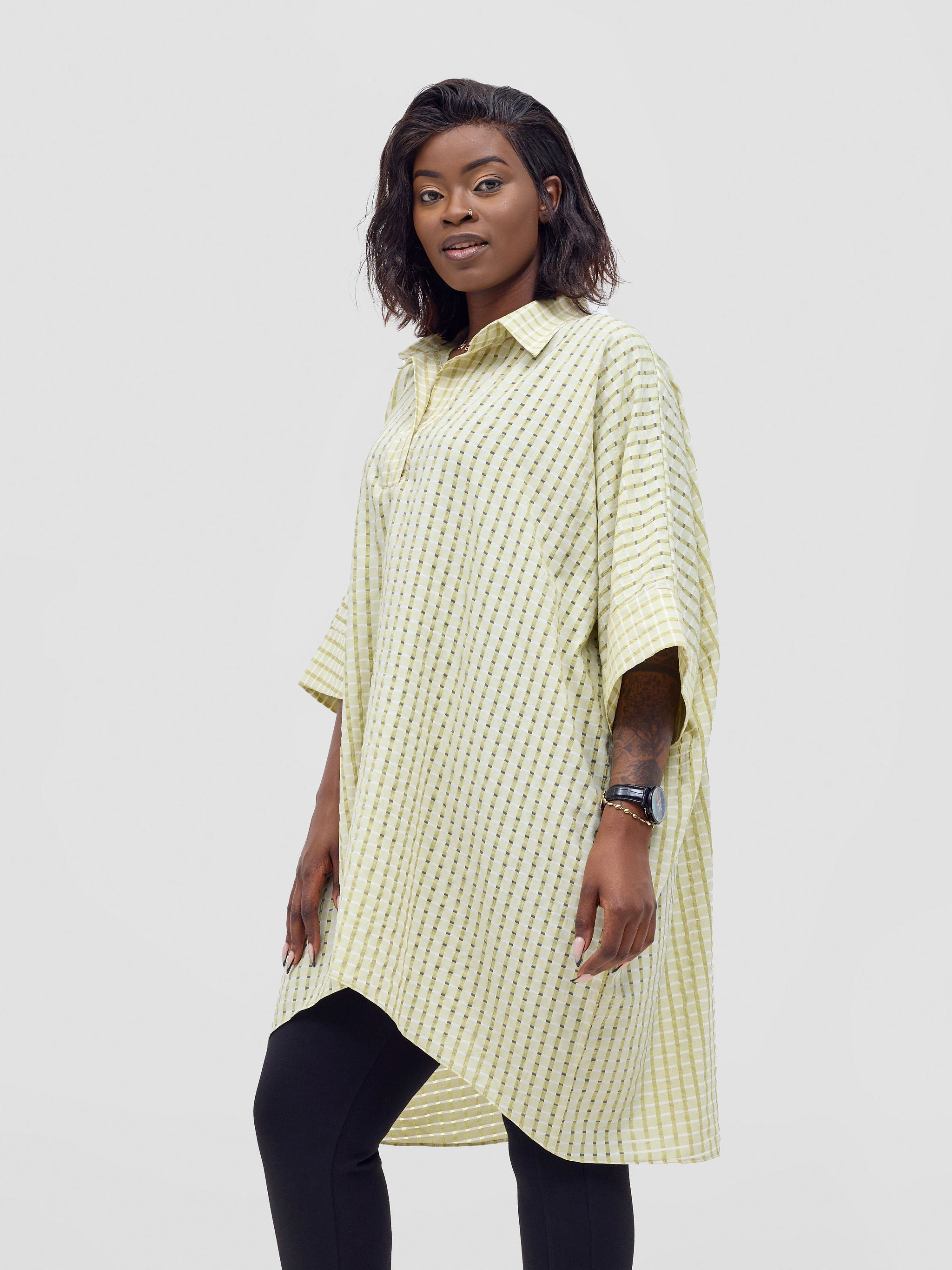 Vivo Mistari 3/4 Sleeve  V - Neck Collared Tunic Top -  Light Olive Checkered