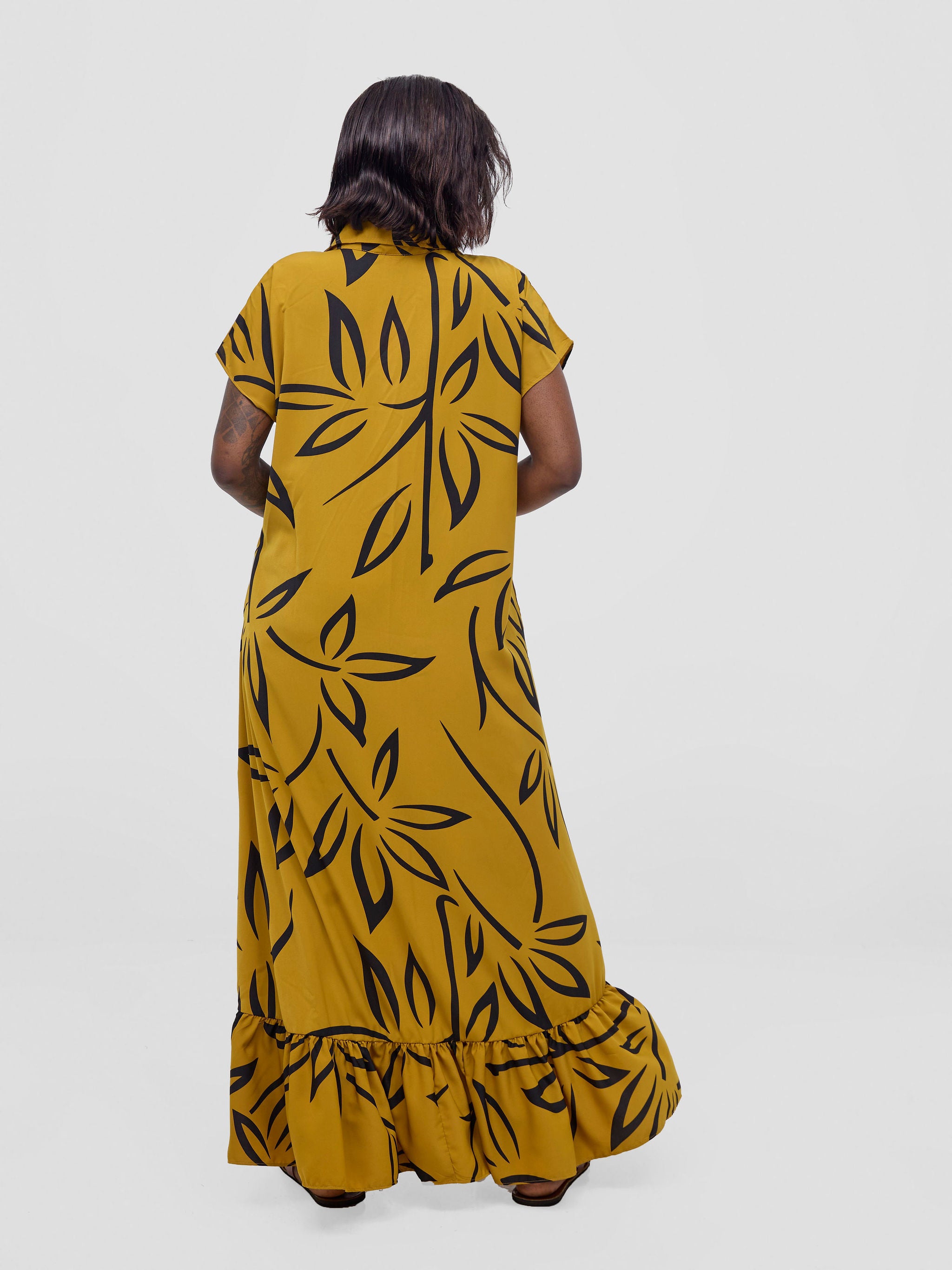 Vivo Asha Drop Shoulder Maxi Shirt Dress - Dark Mustard / Black Weni Print