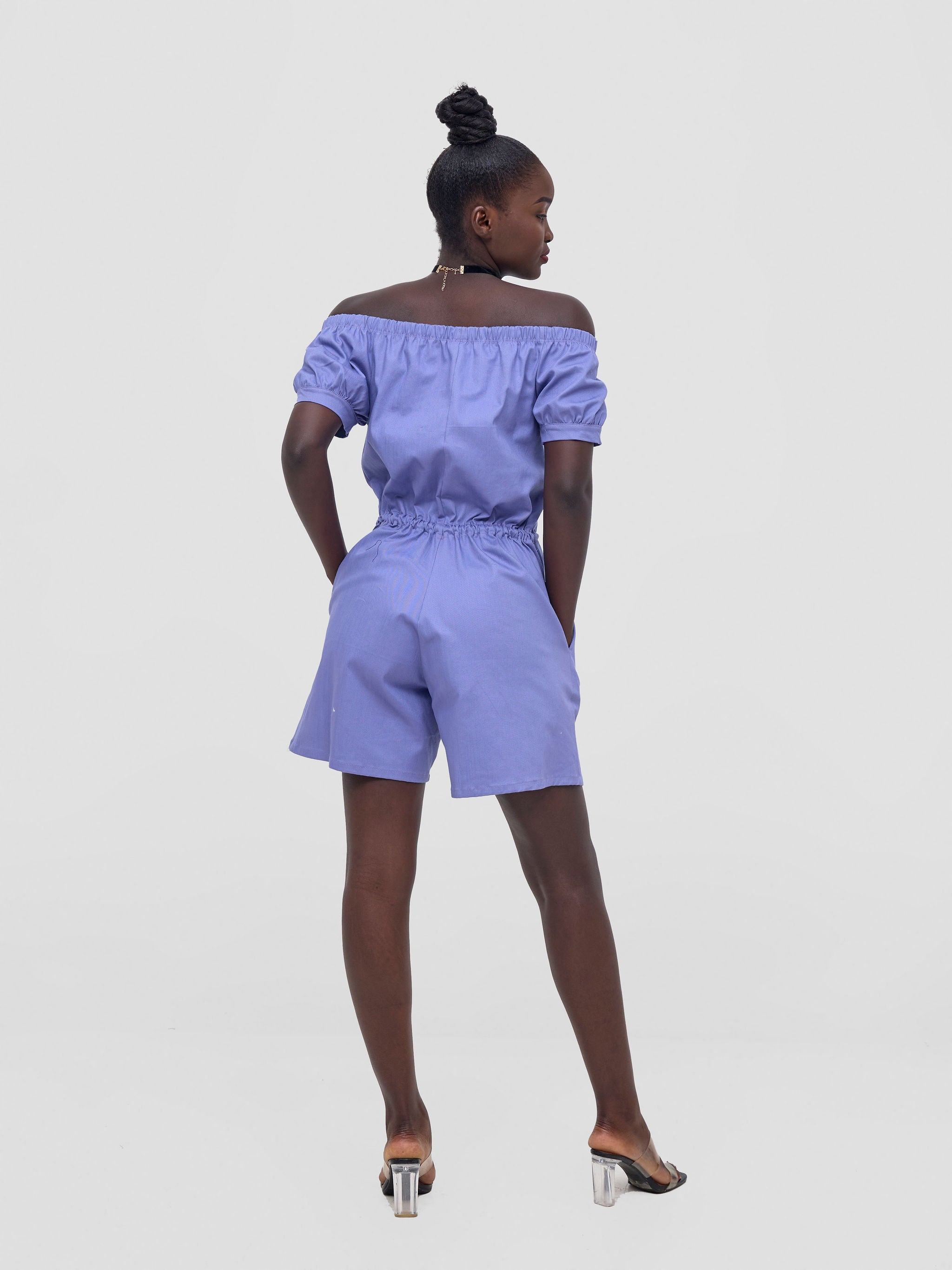 Zoya Nia Puff Sleeve Off Shoulder Romper - Lilac