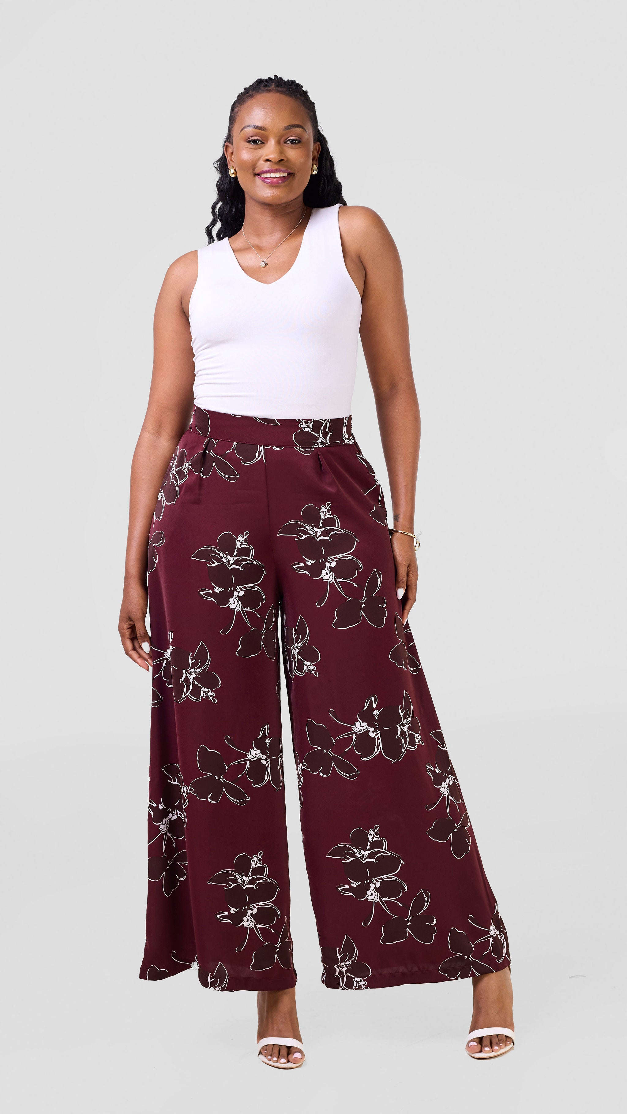 Vivo Basic Crepe Pants - Maroon / Chocolate Print