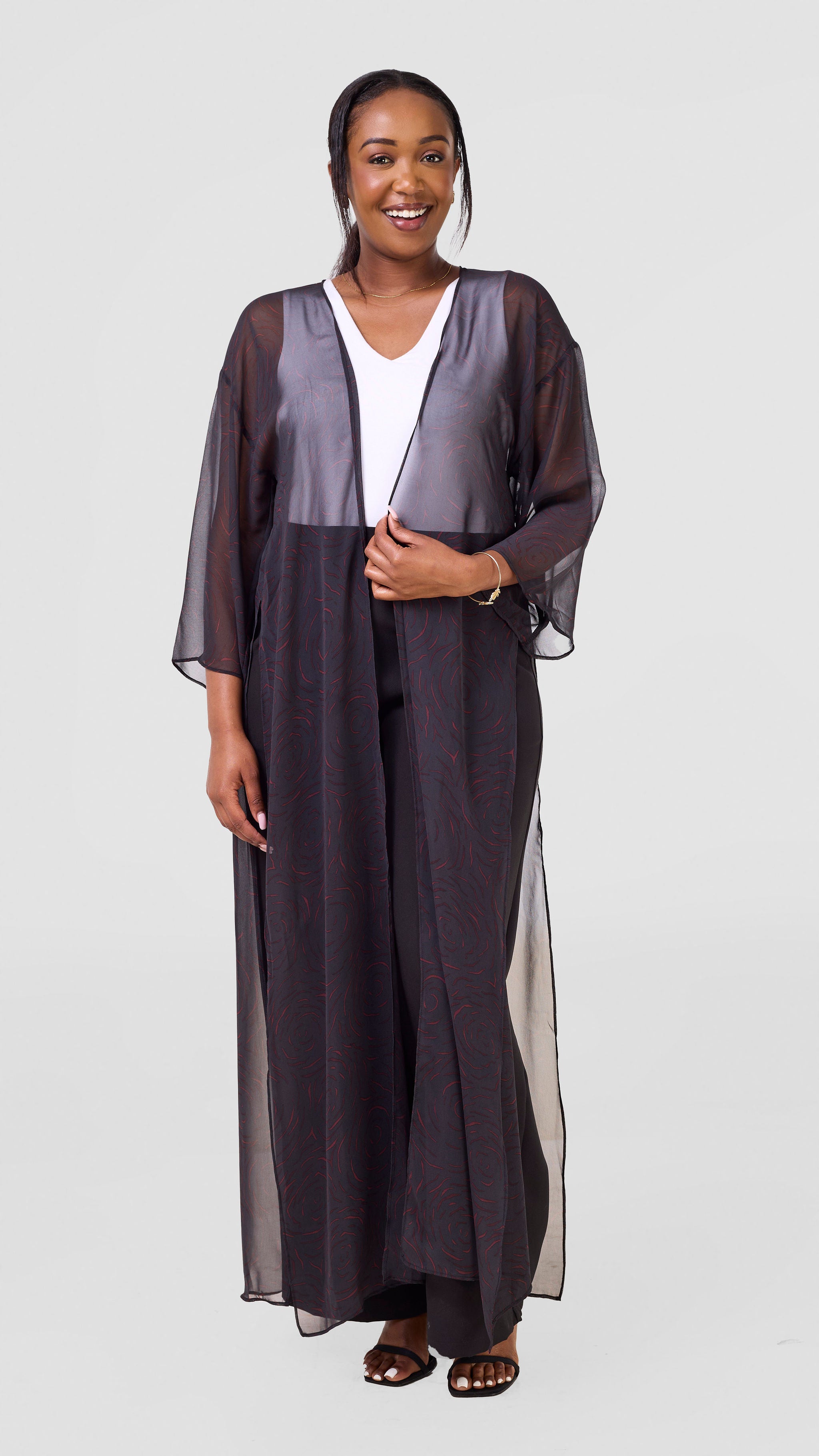 Vivo Nandi High Slit Kimono - Black / Red Print