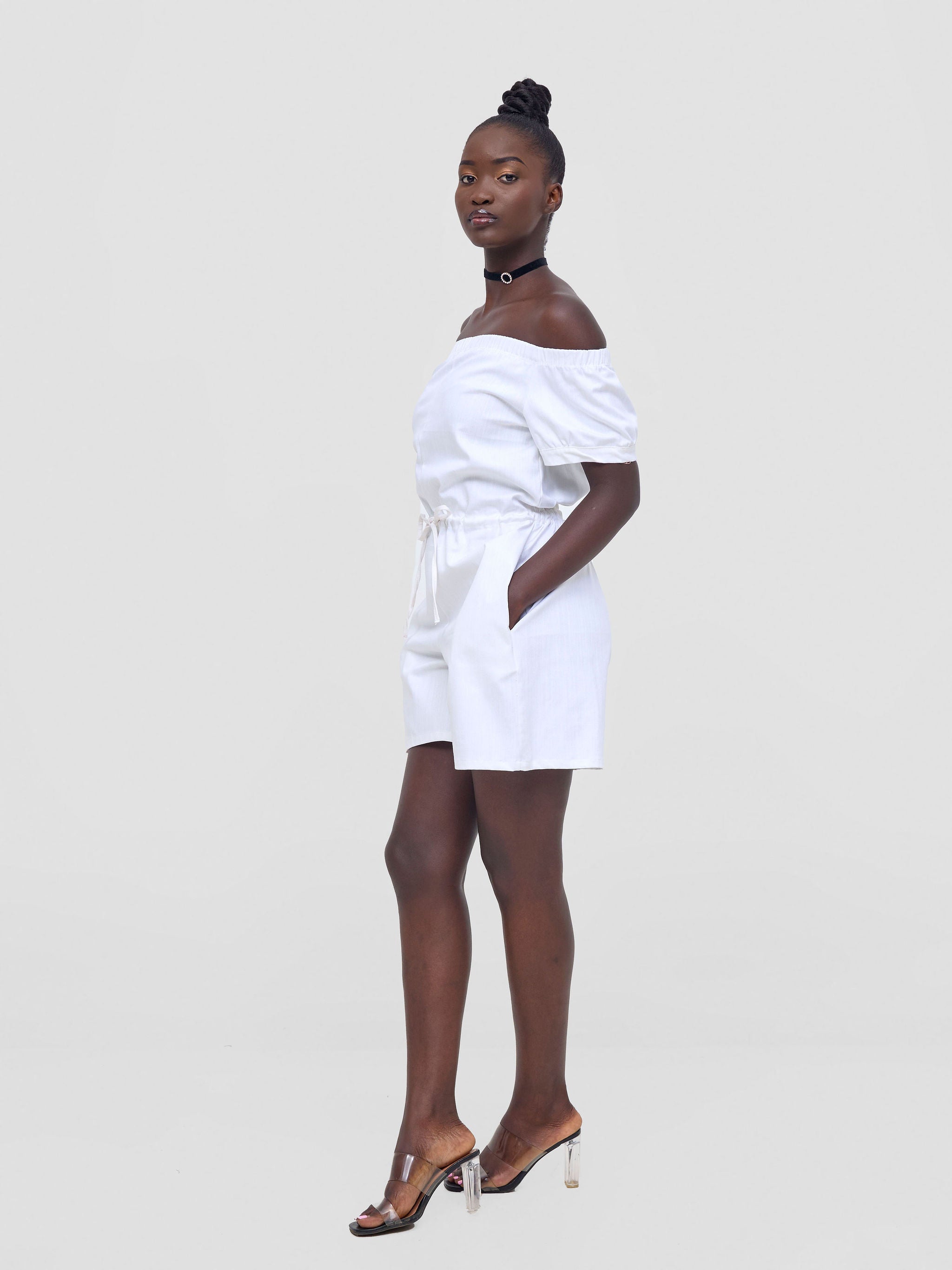 Zoya Nia Puff Sleeve Off Shoulder Romper - White