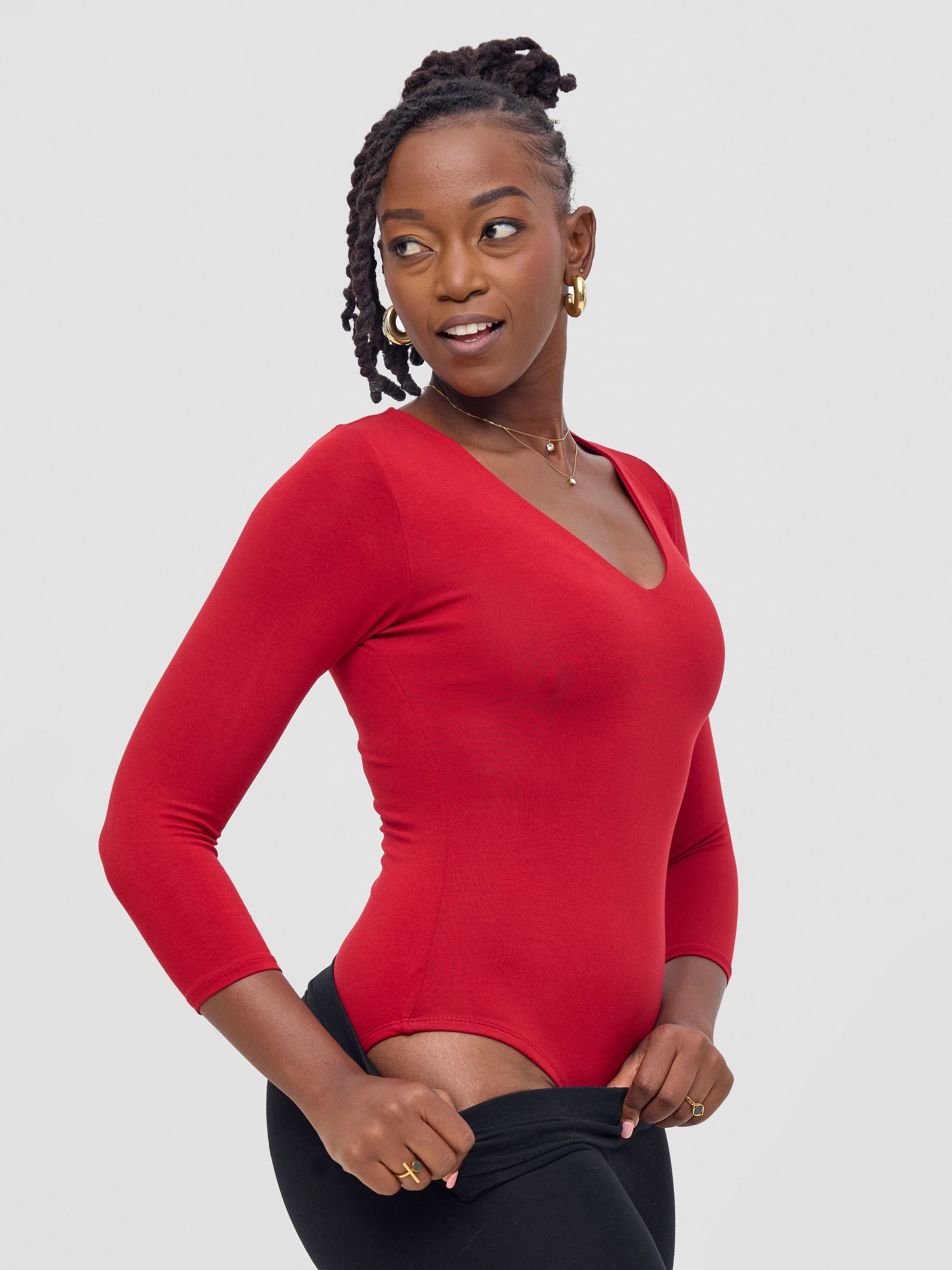 Vivo Basic 3/4 Sleeved Double Layered Bodysuit - Dark Red