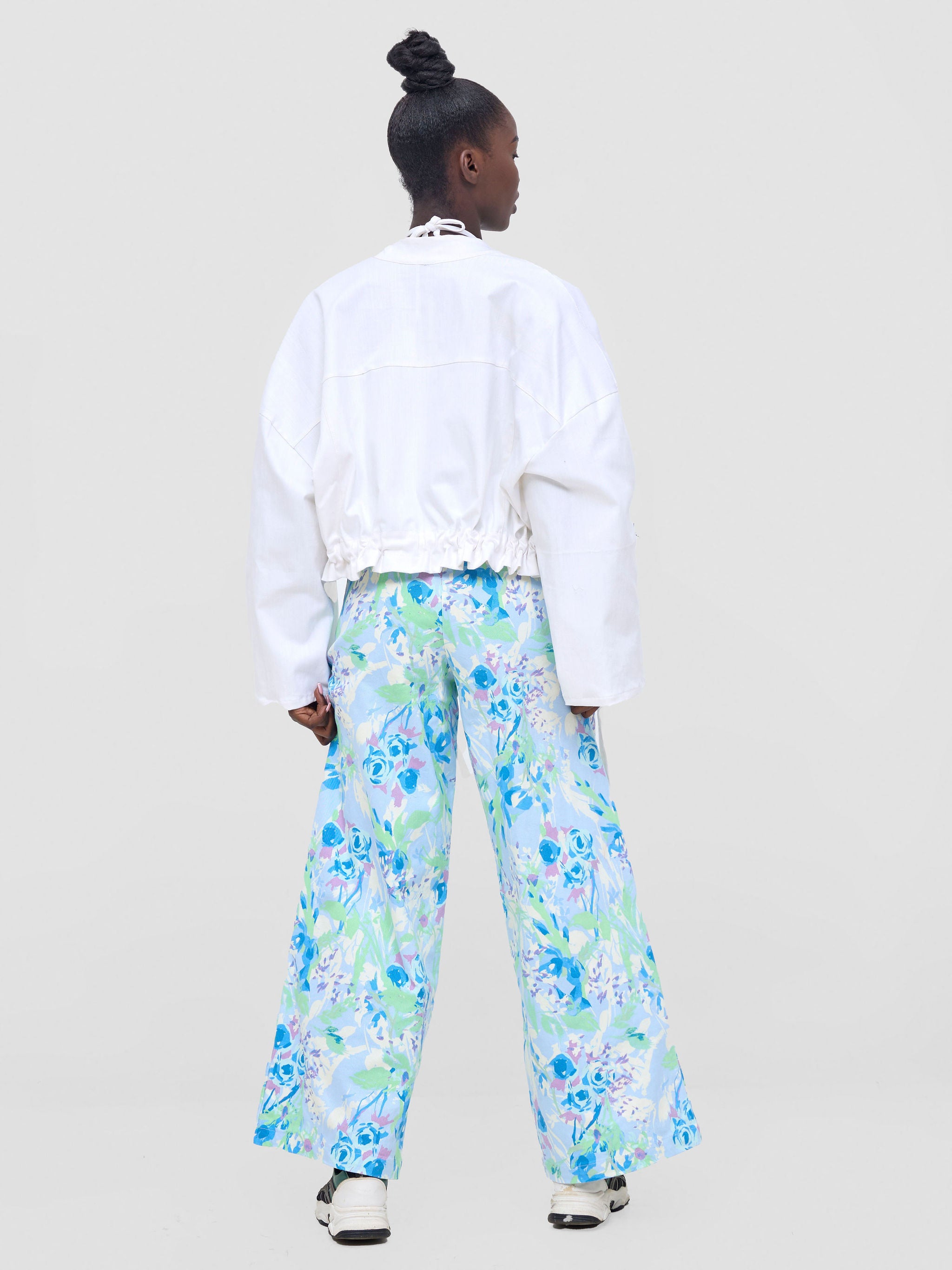 Zoya Nia Wide Leg Denim Pants - Blue / Lime Green Abstract Print
