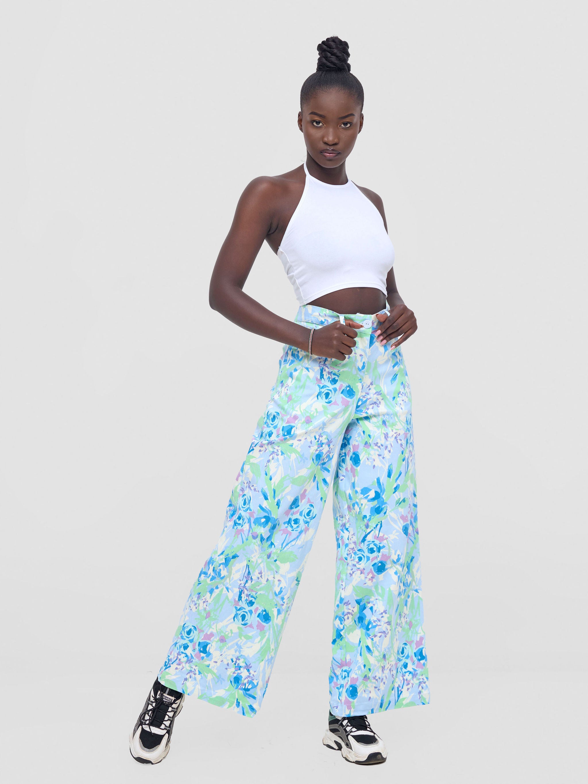 Zoya Nia Wide Leg Denim Pants - Blue / Lime Green Abstract Print