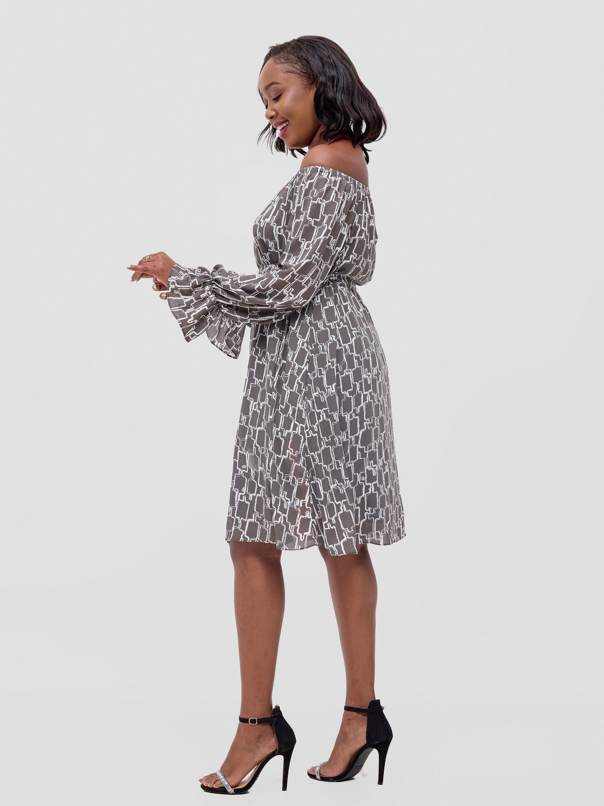 Vivo Jema Off Shoulder Tent Knee Length Dress - Grey / White Print