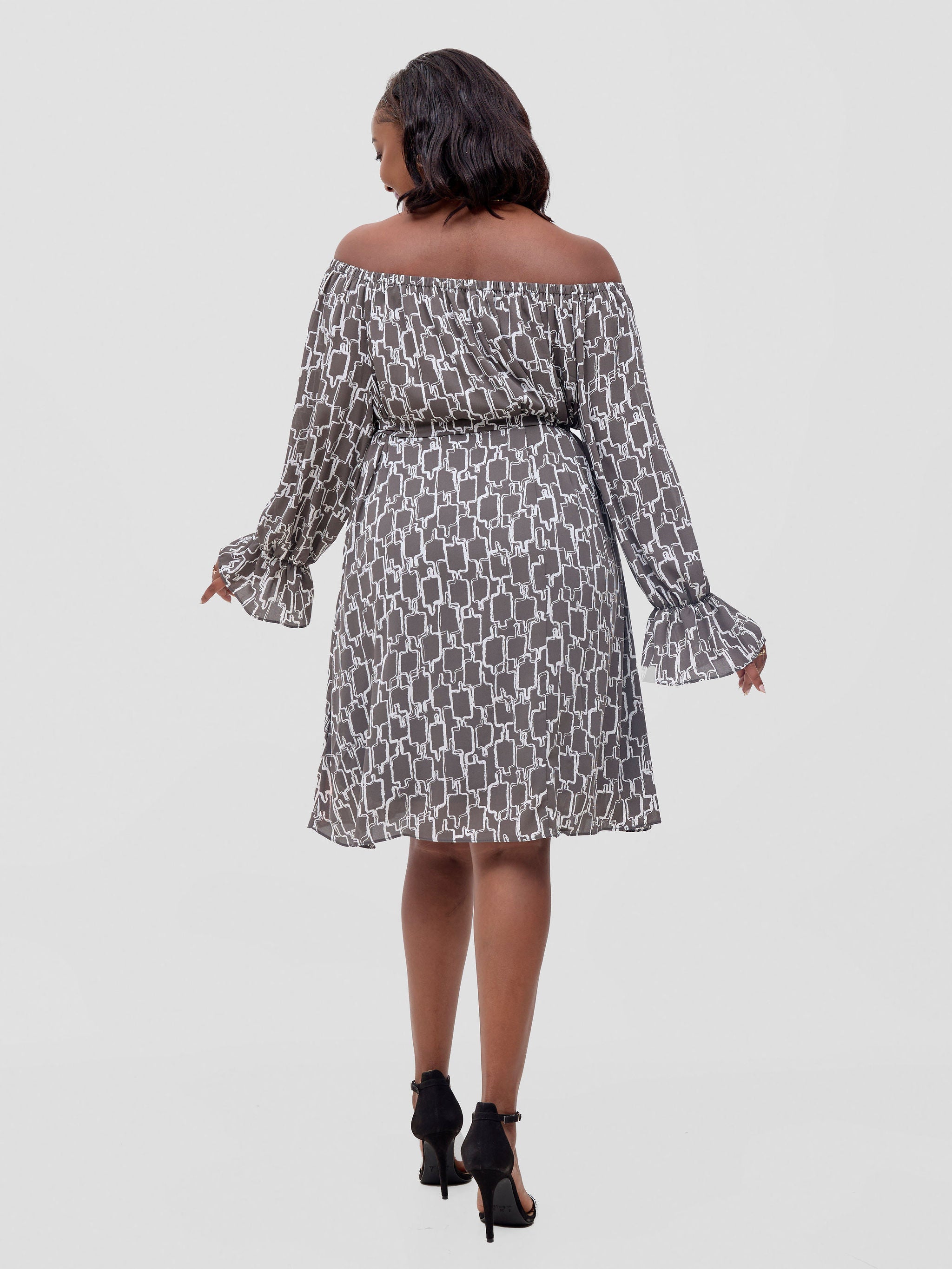 Vivo Jema Off Shoulder Tent Knee Length Dress - Grey / White Print