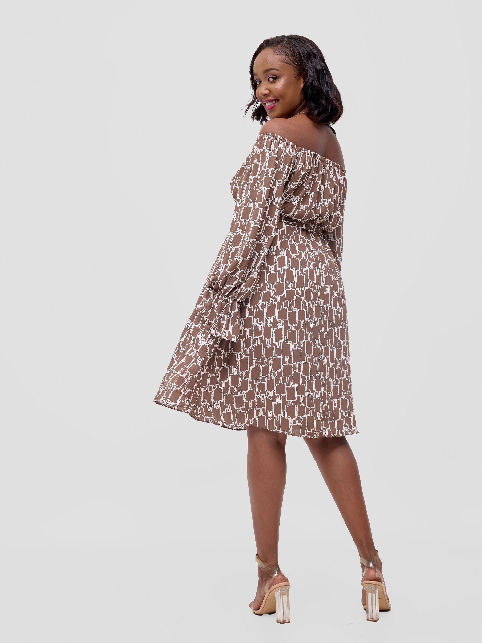 Vivo Jema Off Shoulder Tent Knee Length Dress - Brown / White Print