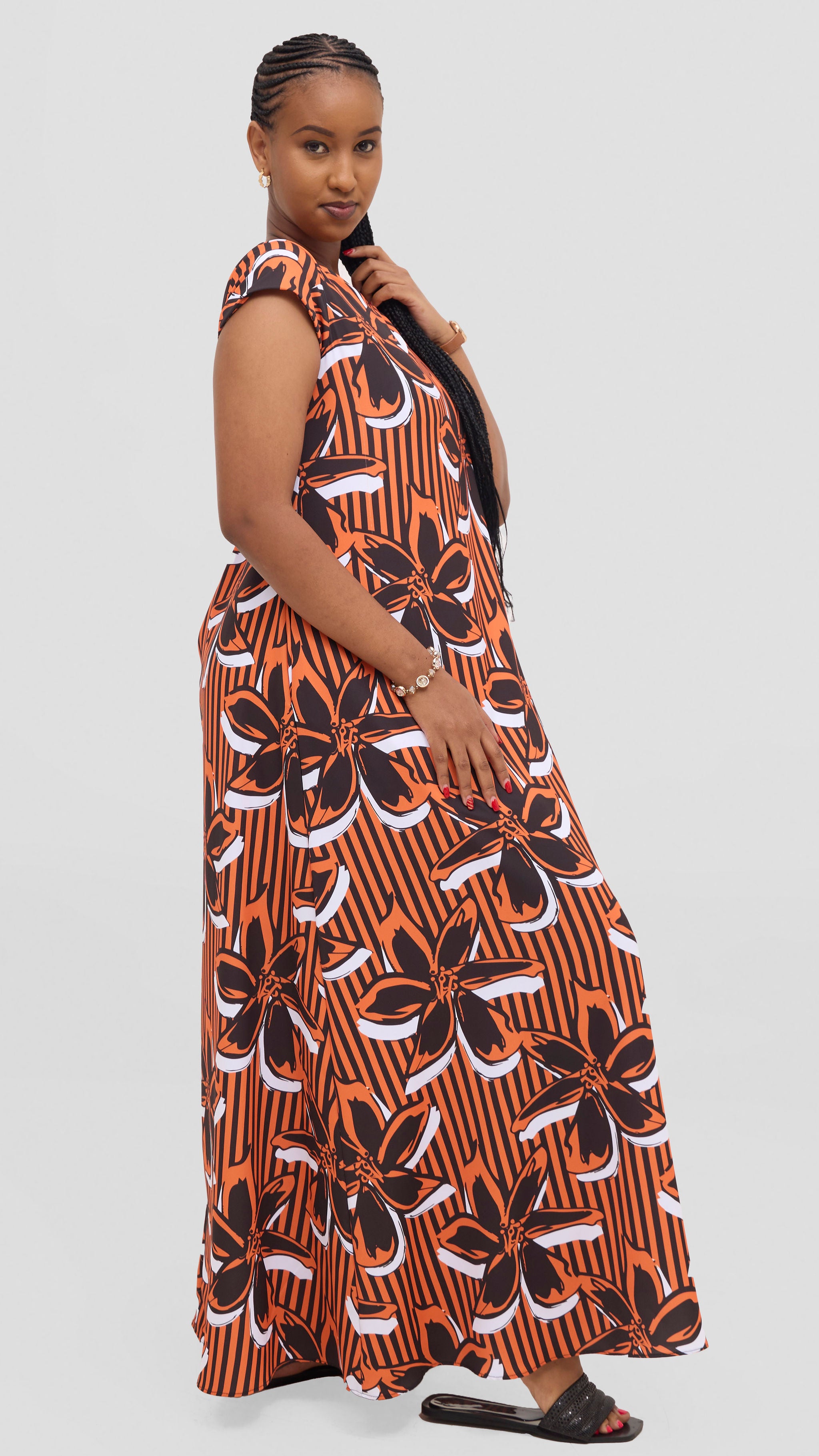Vivo Basic Round Neck Maxi Dress - Black / Orange