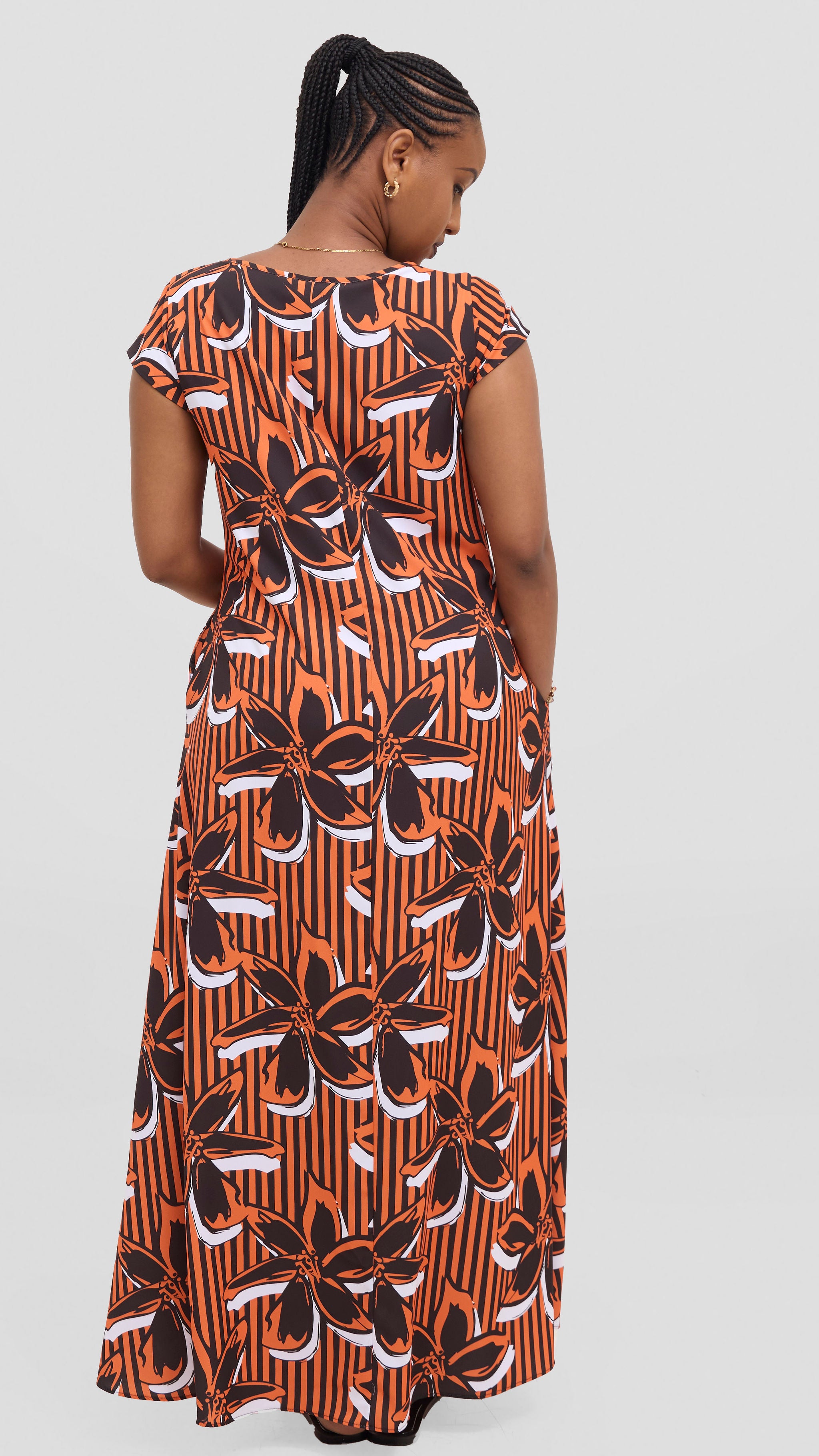 Vivo Basic Round Neck Maxi Dress - Black / Orange