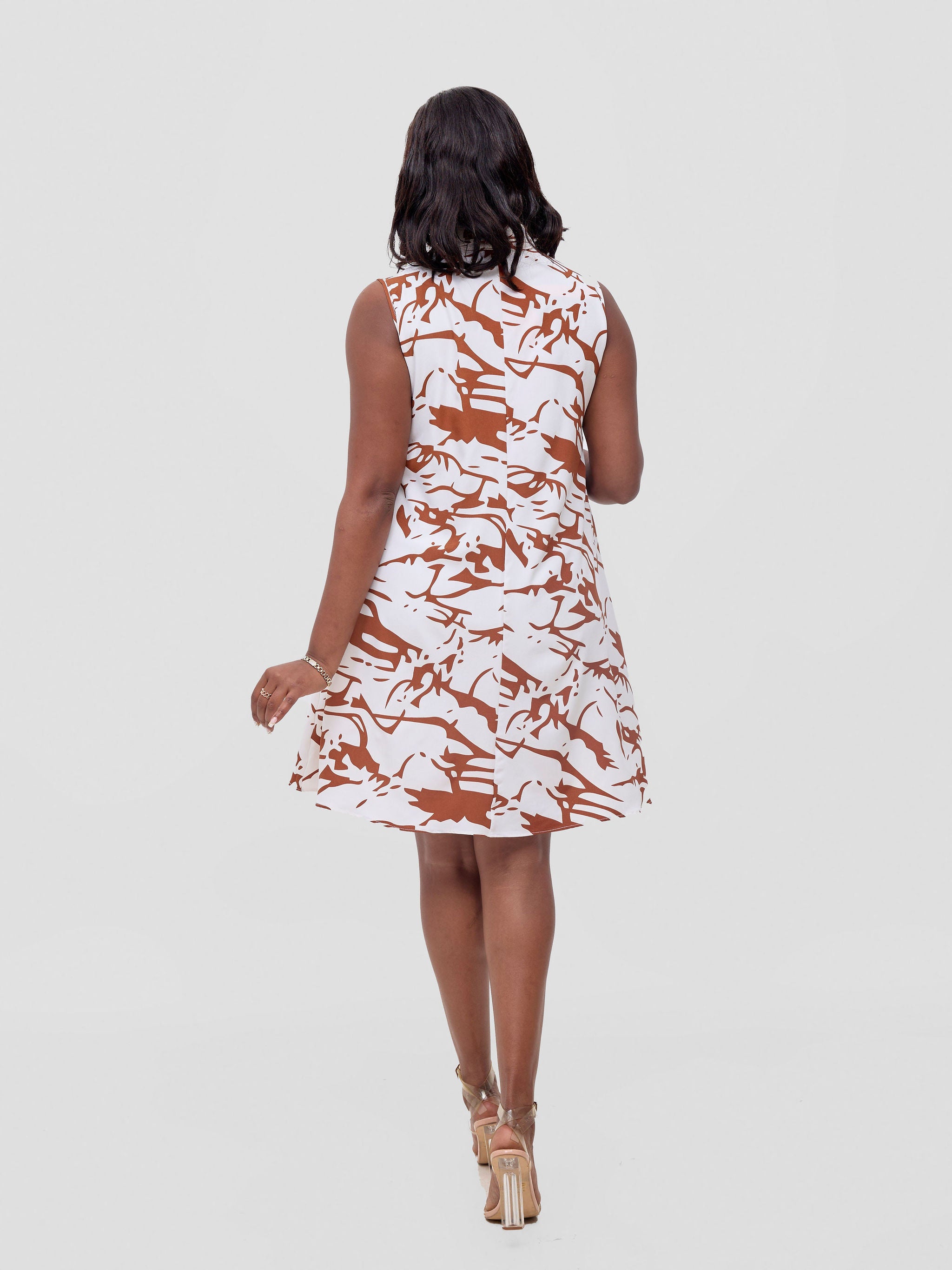 Vivo Asha Sleeveless Knee Length Dress - Off White / Brown Print
