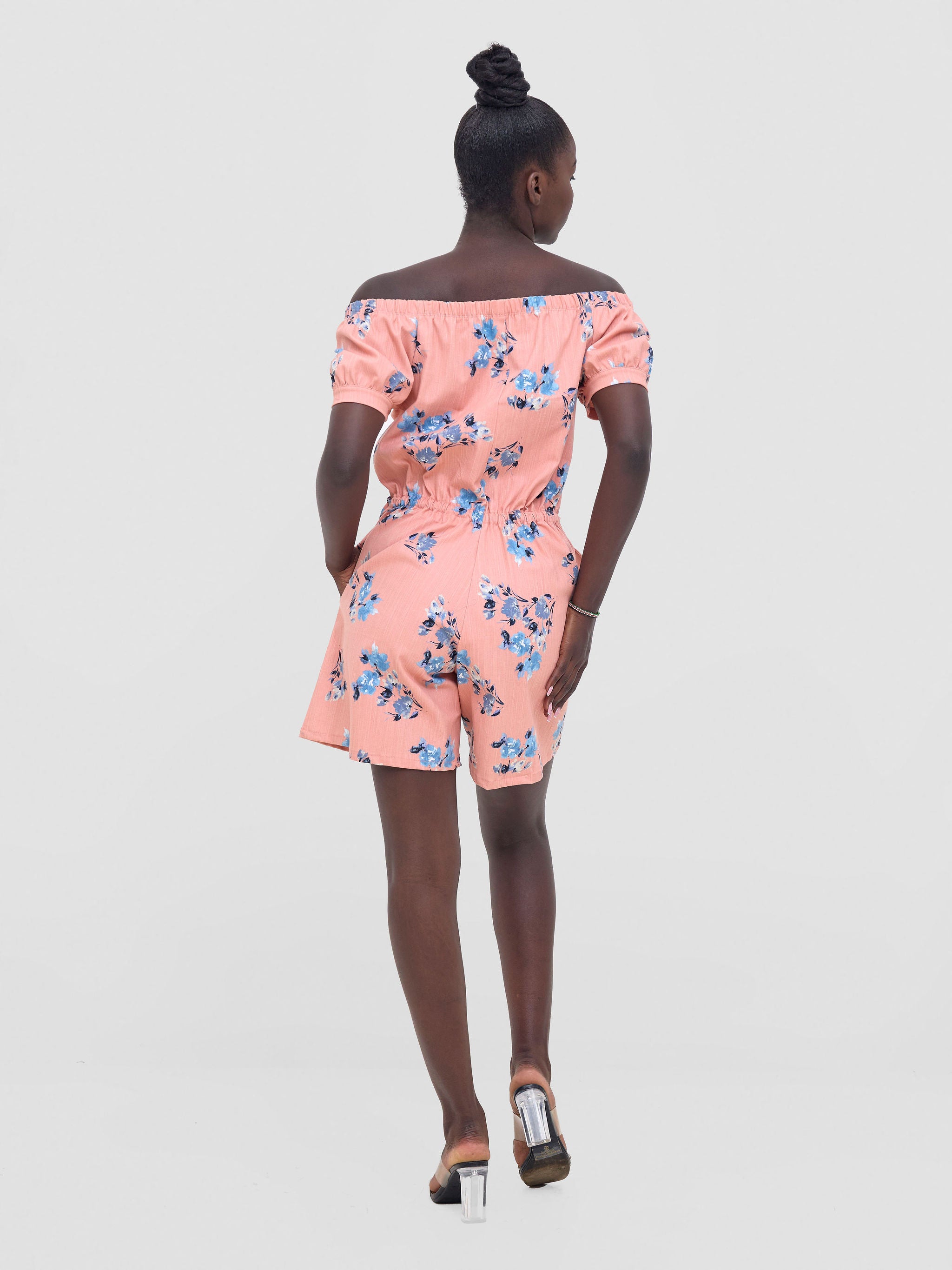 Zoya Nia Puff Sleeve Off Shoulder Romper - Peach / Blue Floral