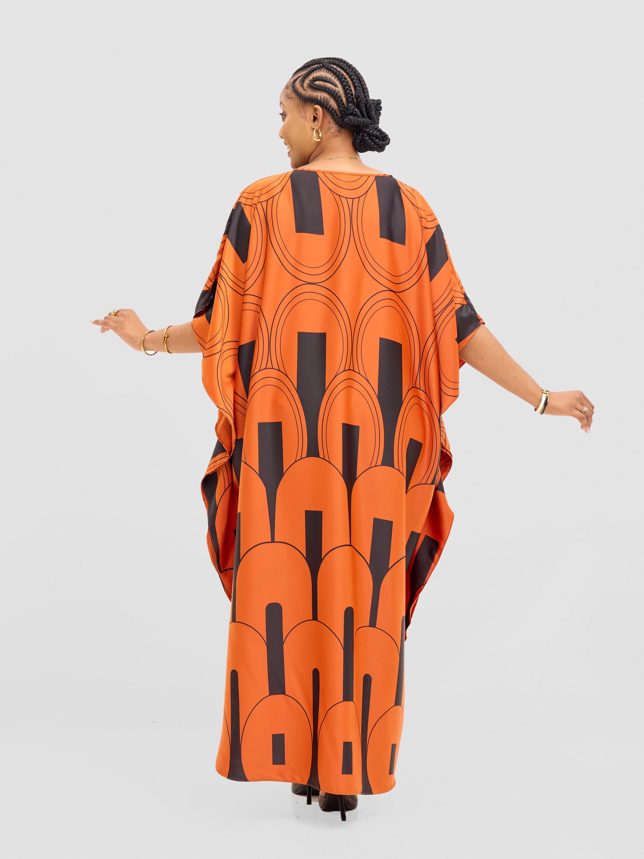 Vivo Amai Maxi Kaftan Dress - Orange / Black Lango Print
