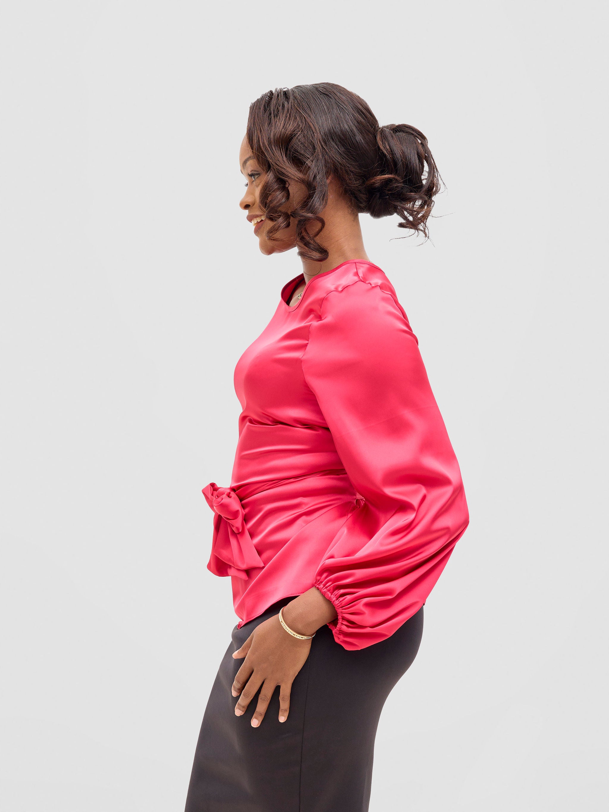 Vivo Izzy Satin Bishop Sleeve Top - Hot Pink