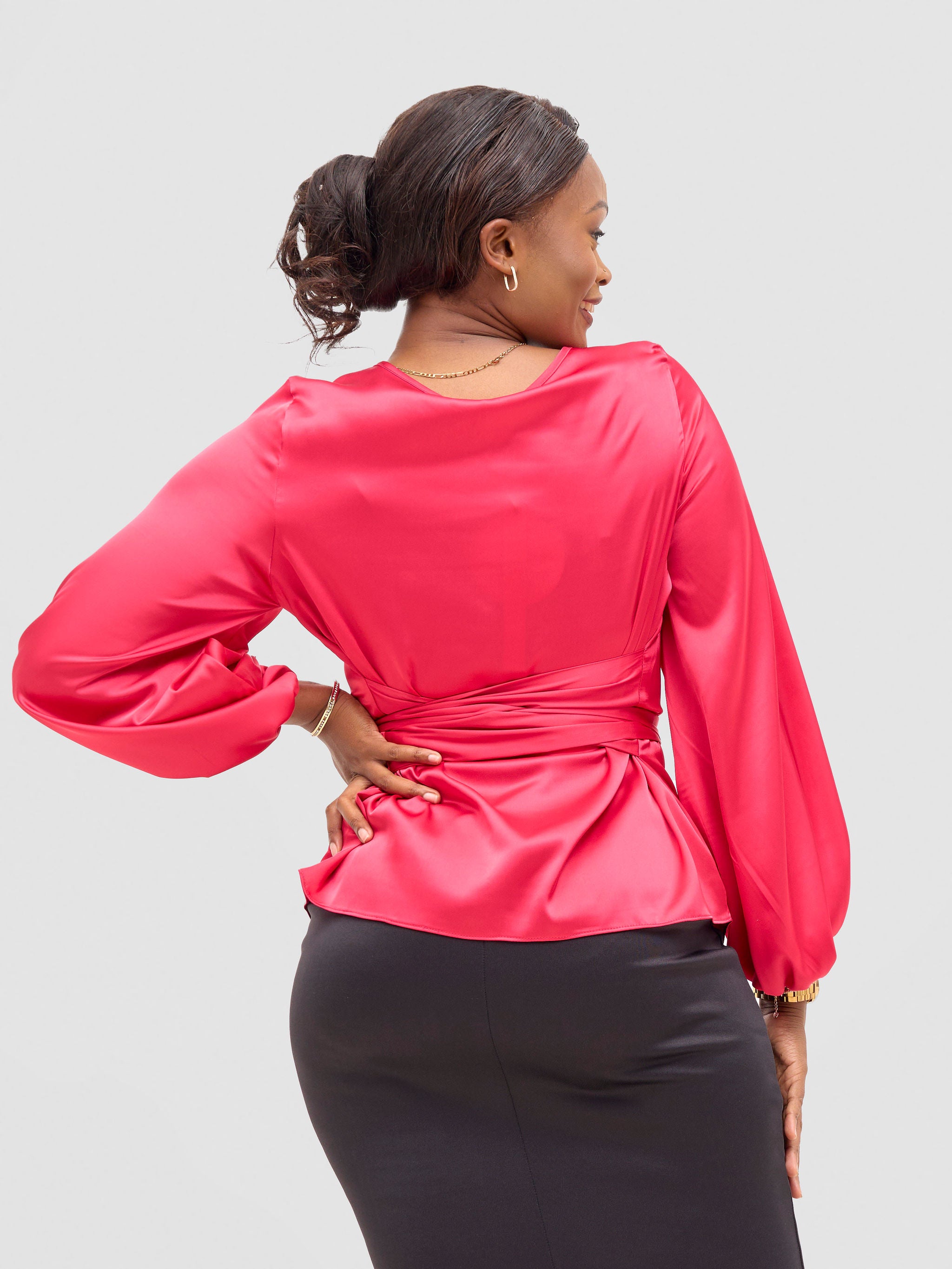 Vivo Izzy Satin Bishop Sleeve Top - Hot Pink