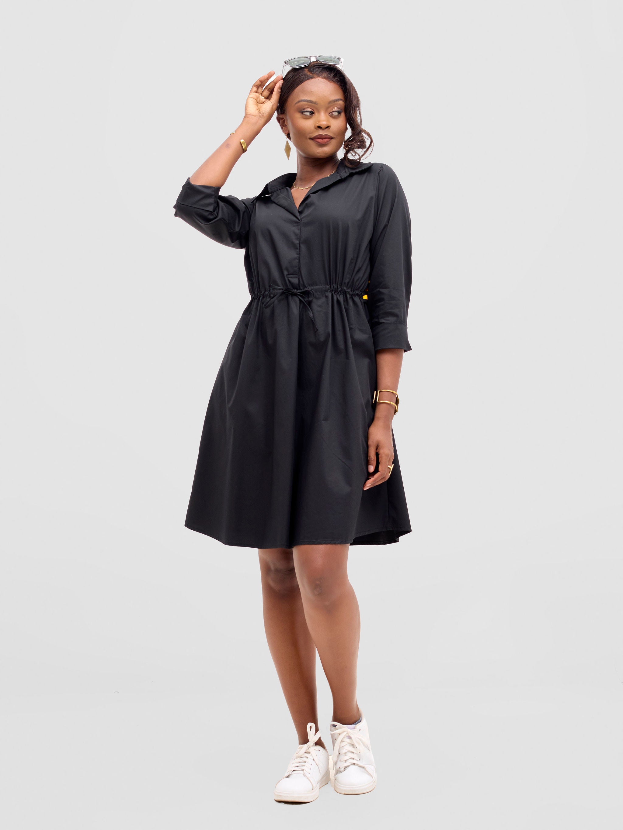 Safari Lira Drawstring Knee Length Dress - Black + Bana Print