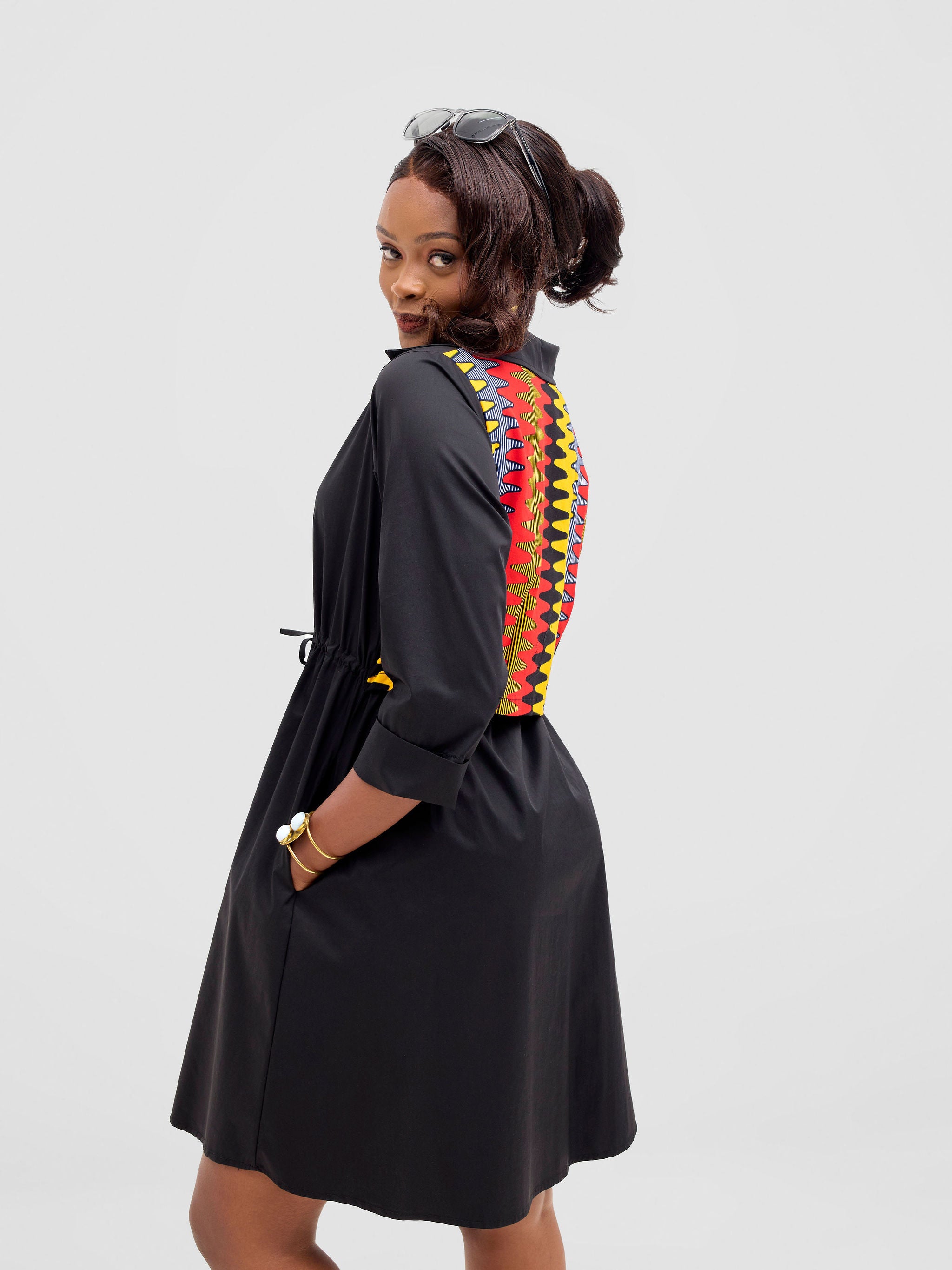 Safari Lira Drawstring Knee Length Dress - Black + Bana Print