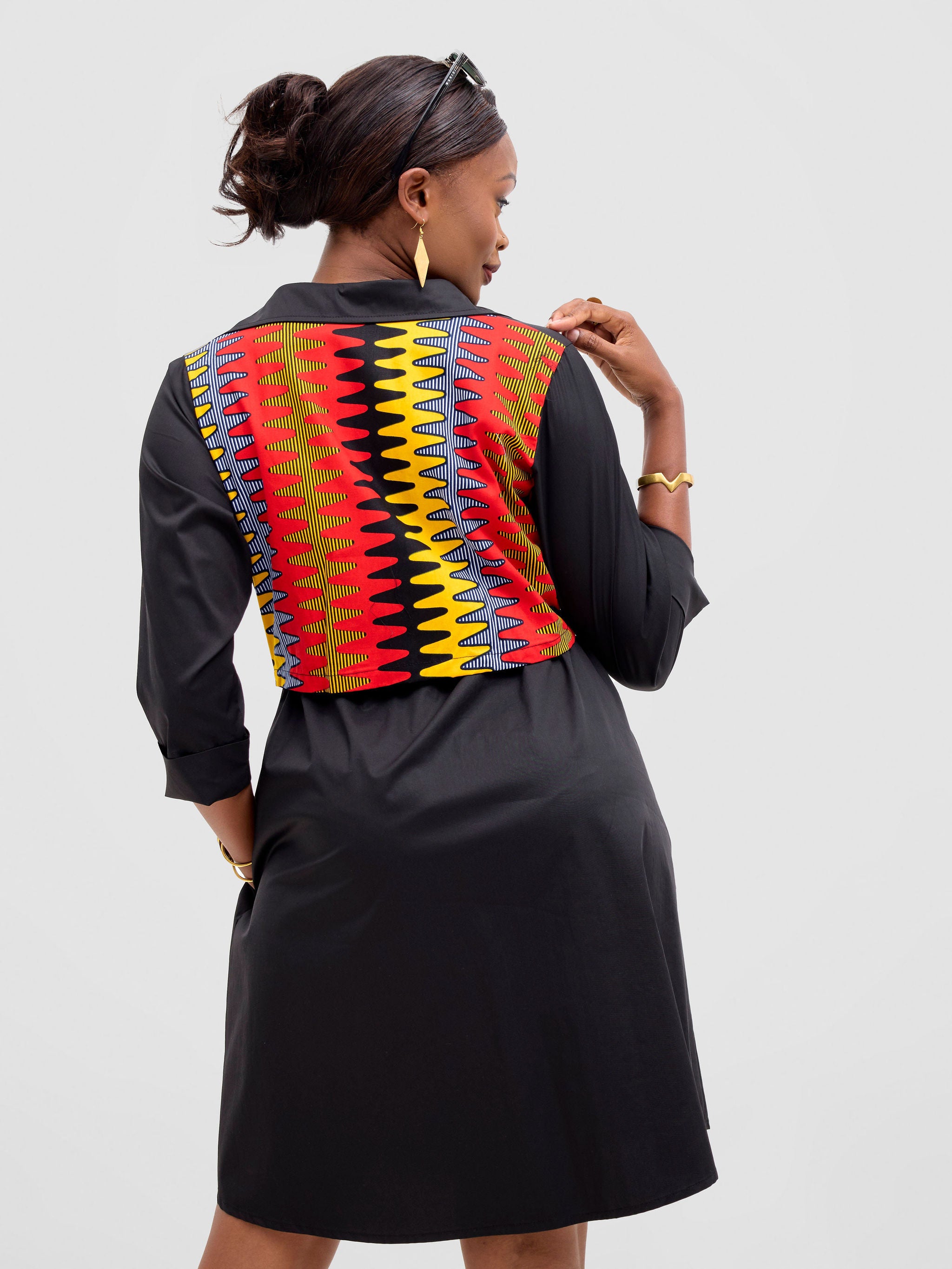 Safari Lira Drawstring Knee Length Dress - Black + Bana Print