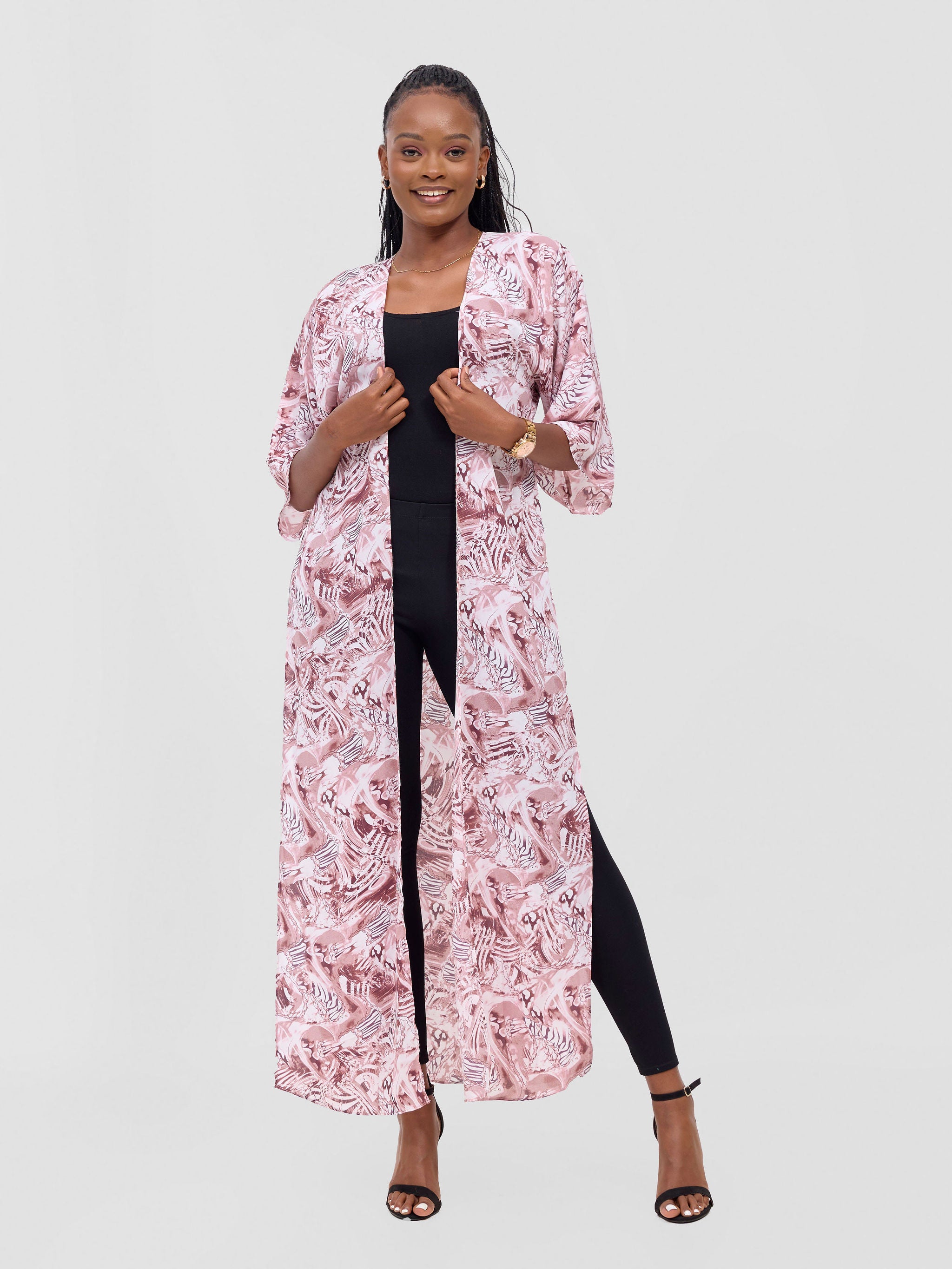 Vivo Basic Nandi High Slit Kimono - Blush Pink / White Idu Print