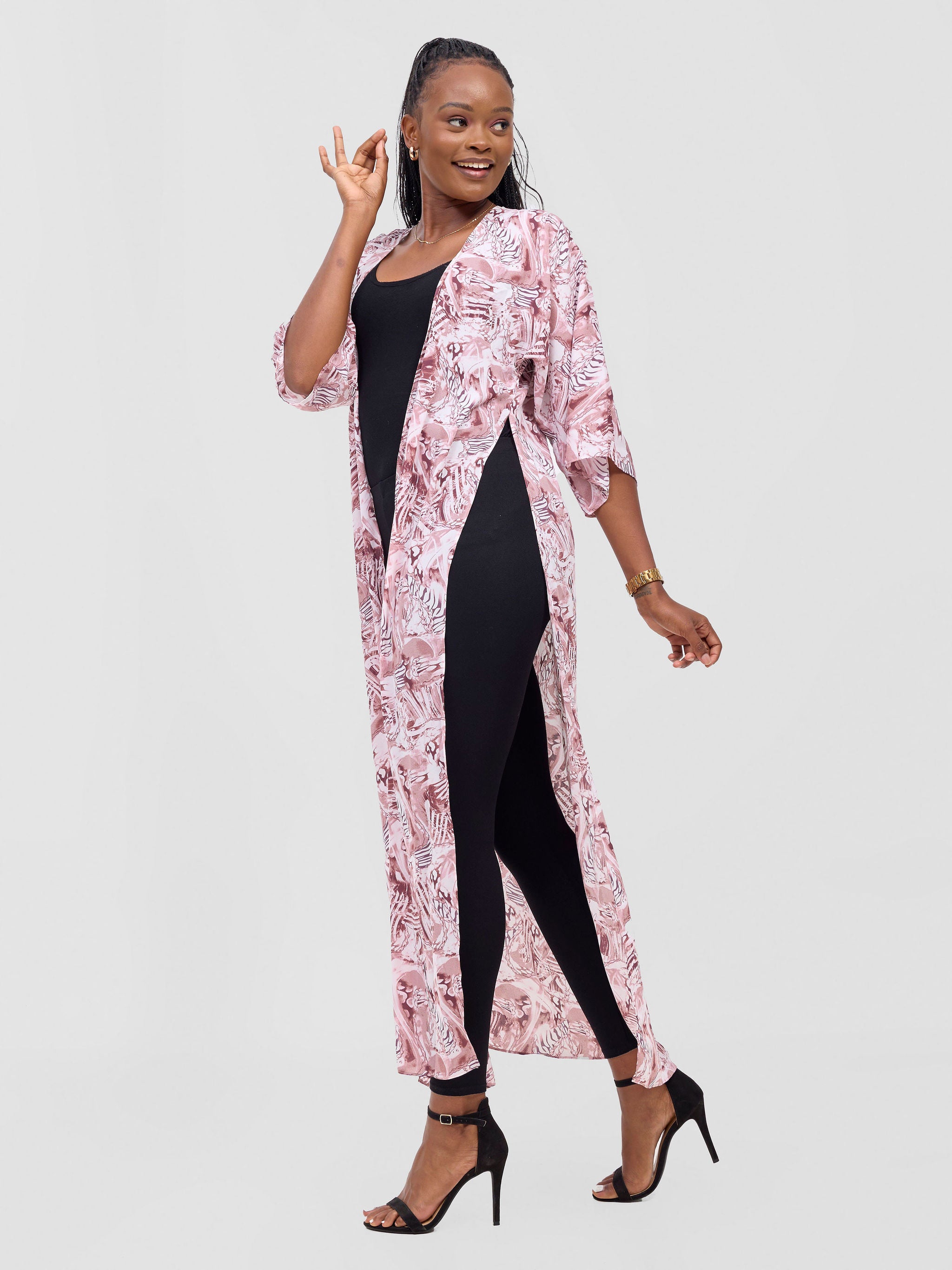 Vivo Basic Nandi High Slit Kimono - Blush Pink / White Idu Print