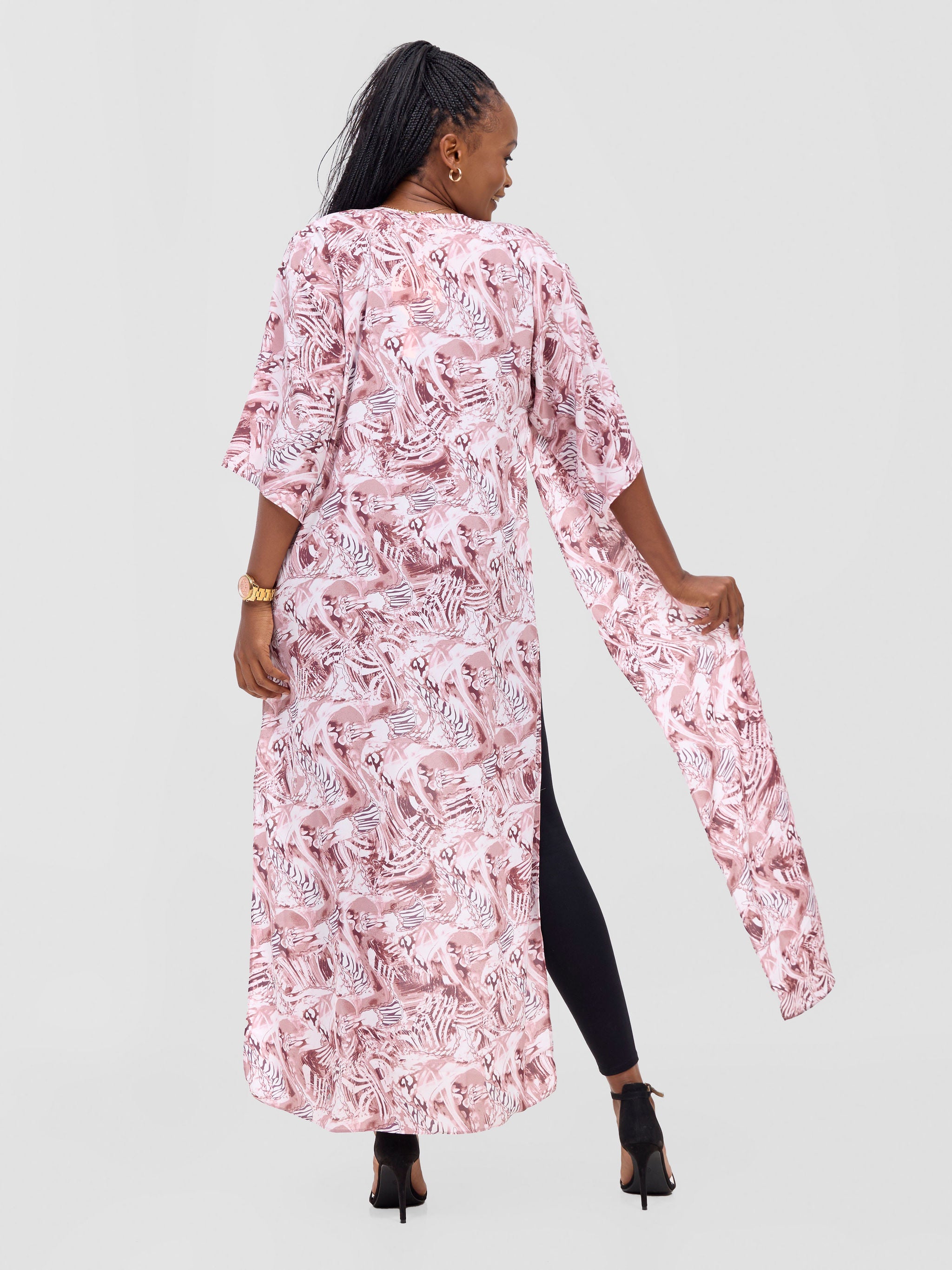 Vivo Basic Nandi High Slit Kimono - Blush Pink / White Idu Print