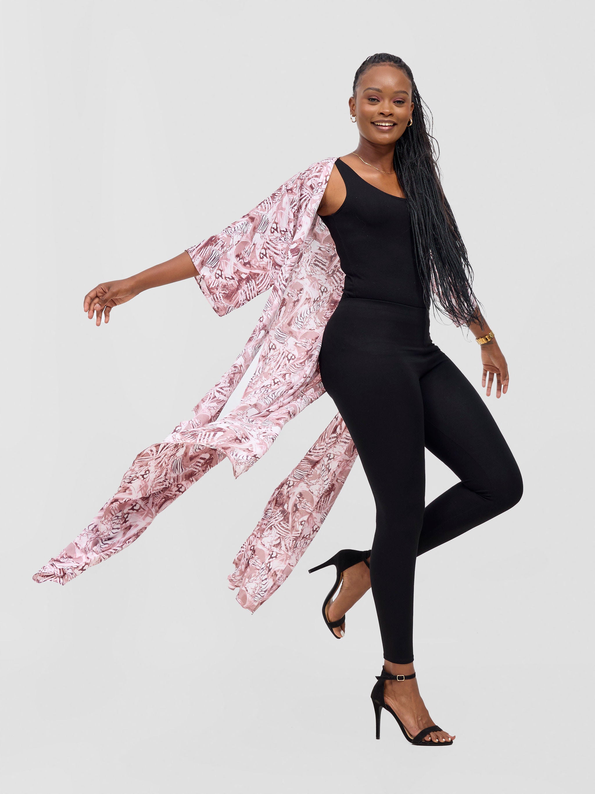 Vivo Basic Nandi High Slit Kimono - Blush Pink / White Idu Print