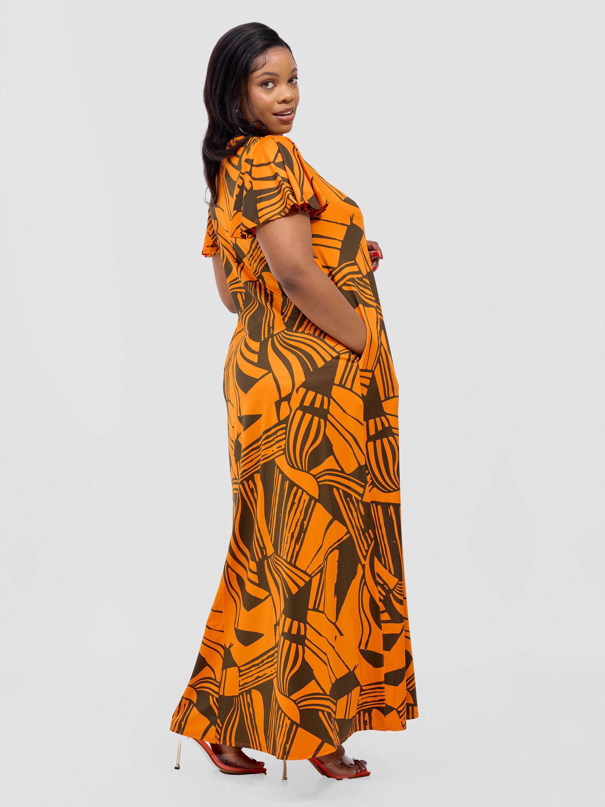 Vivo Ruwa Flounce Sleeve Tent Maxi Dress - Orange / Hunters Nila Print