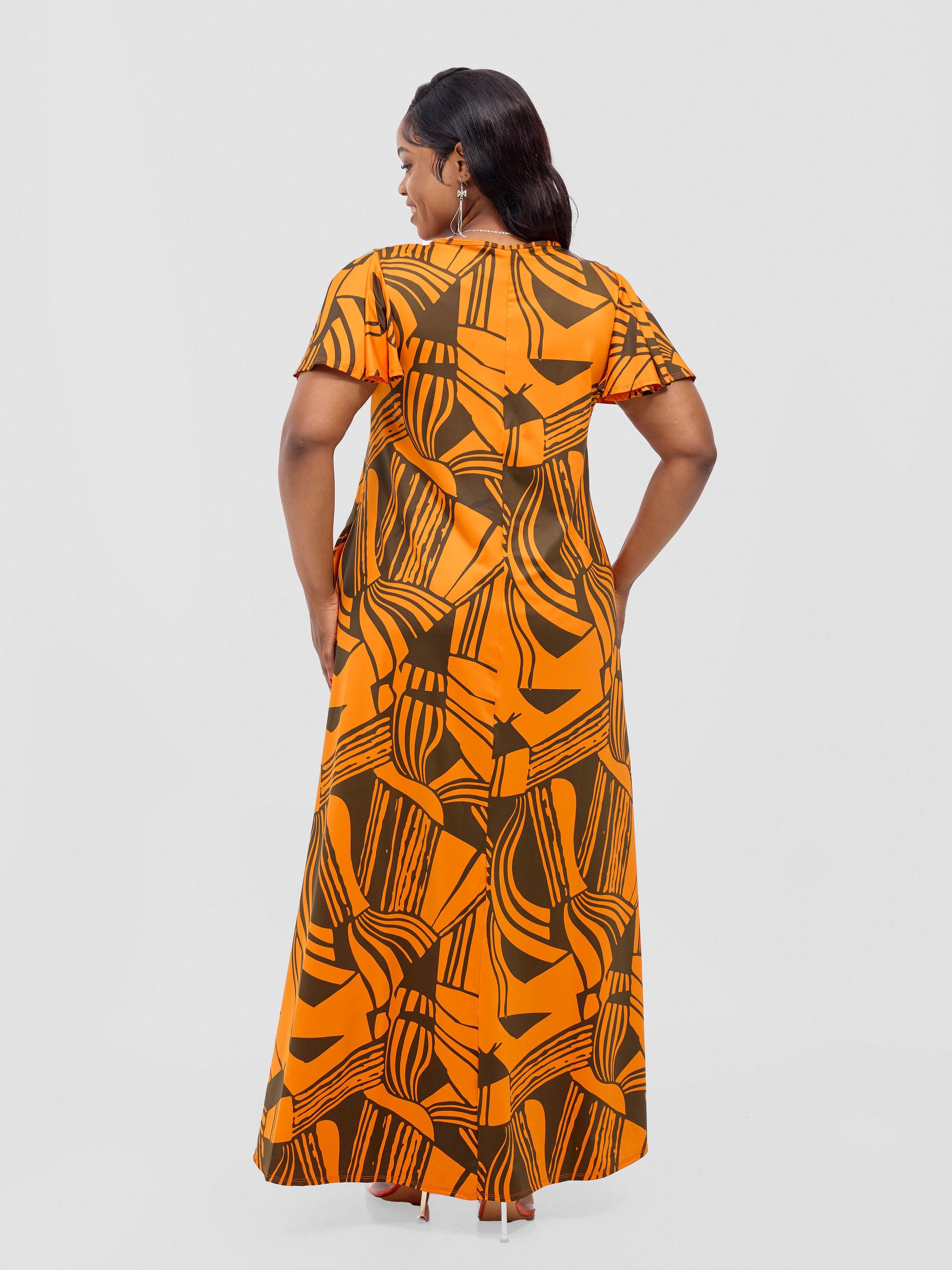 Vivo Ruwa Flounce Sleeve Tent Maxi Dress - Orange / Hunters Nila Print