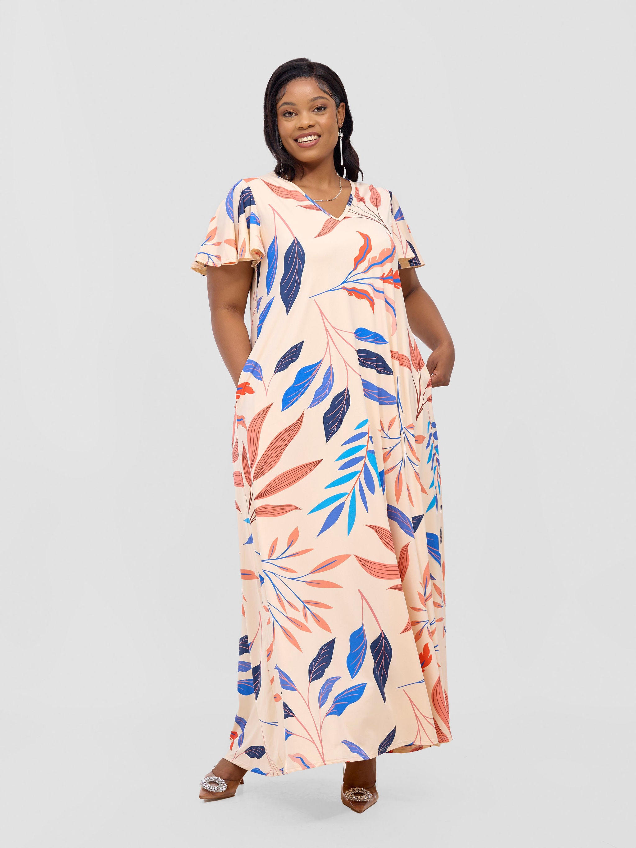 Vivo Ruwa Flounce Sleeve Tent Maxi Dress - Buttermilk / Blue Ua Print