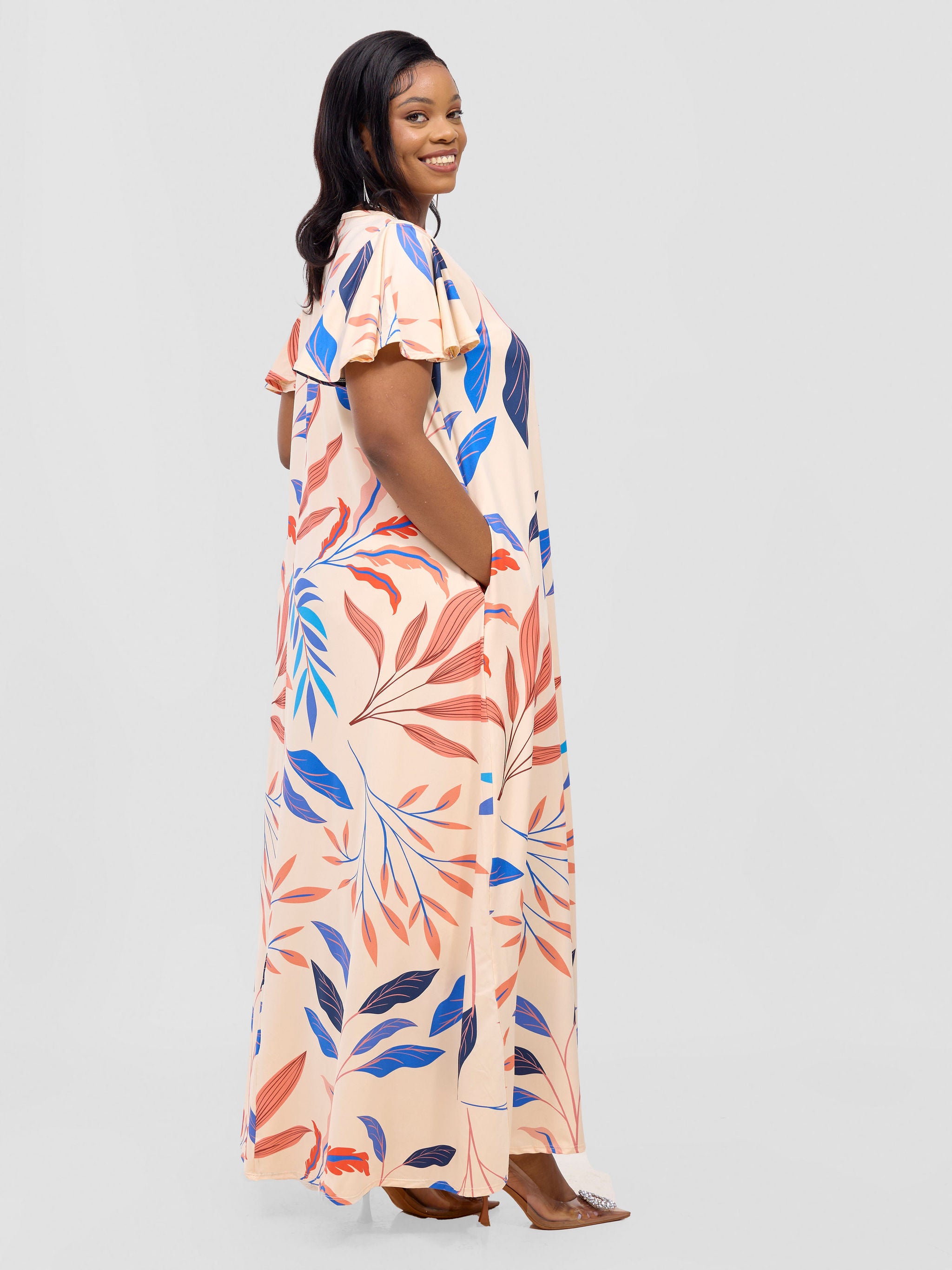 Vivo Ruwa Flounce Sleeve Tent Maxi Dress - Buttermilk / Blue Ua Print