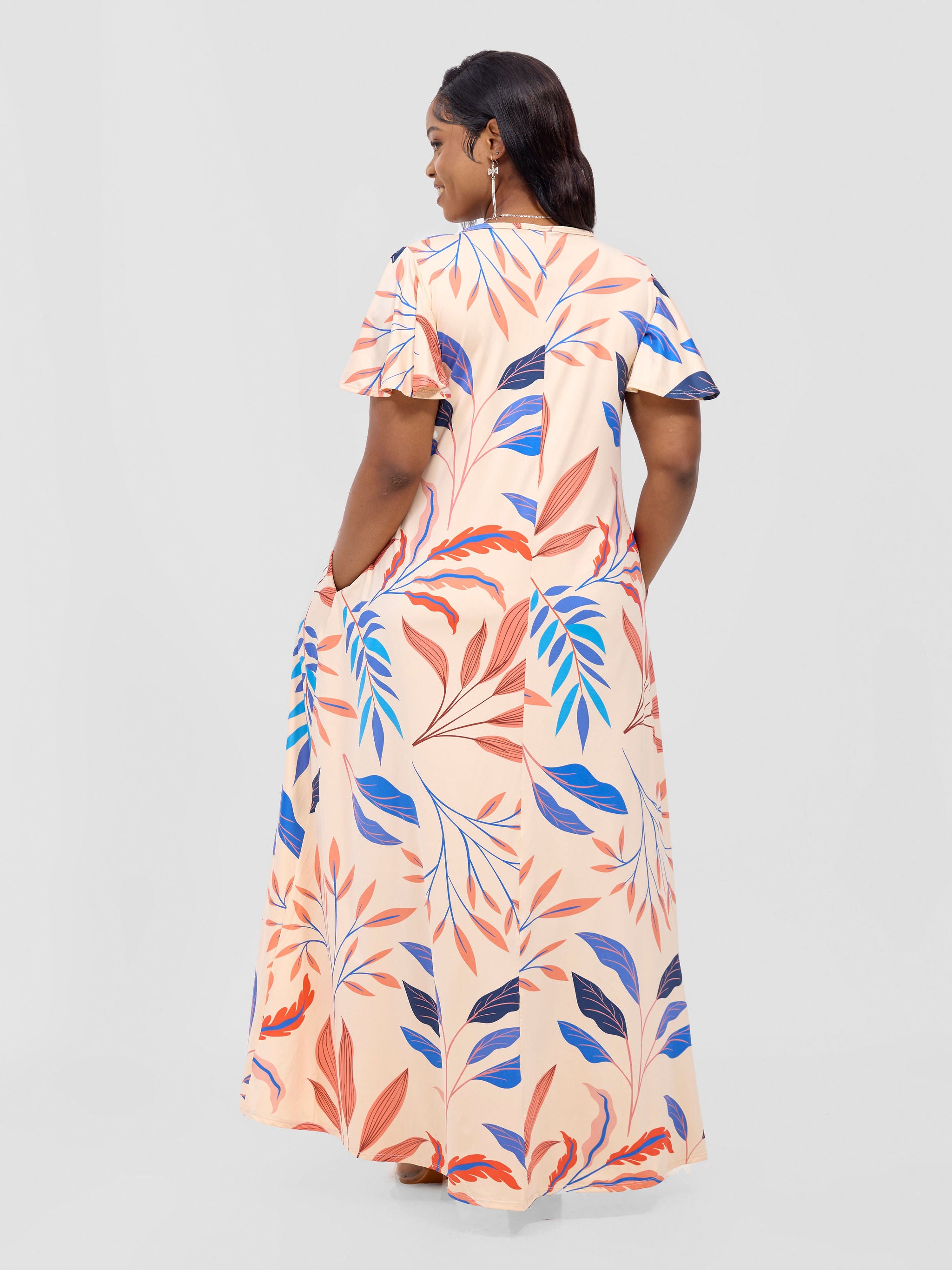 Vivo Ruwa Flounce Sleeve Tent Maxi Dress - Buttermilk / Blue Ua Print
