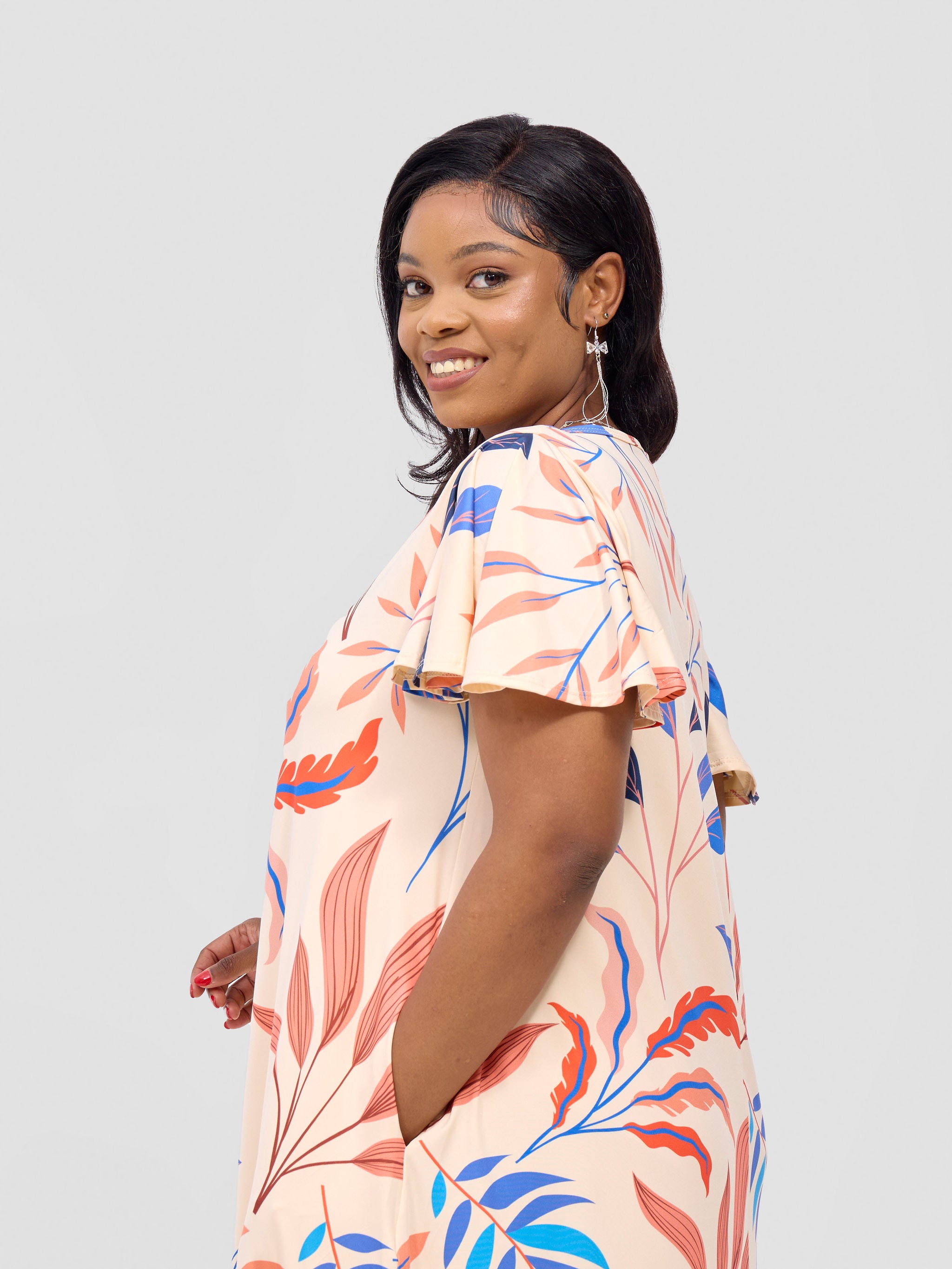 Vivo Ruwa Flounce Sleeve Tent Maxi Dress - Buttermilk / Blue Ua Print