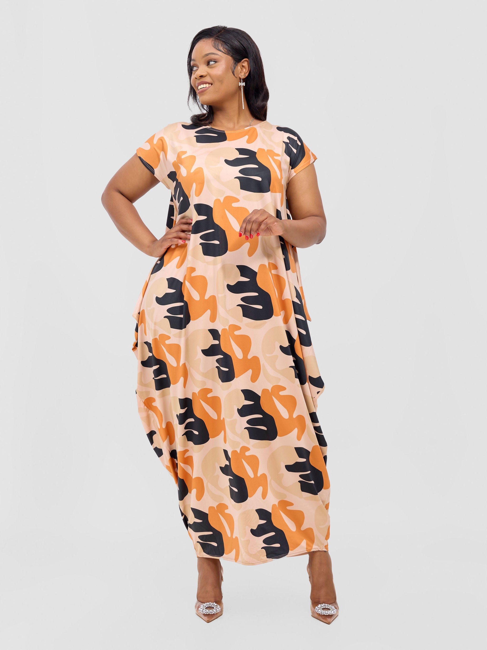 Vivo Fimi Drop Shoulder Maxi Dress - Orange / Taupe Chana Print