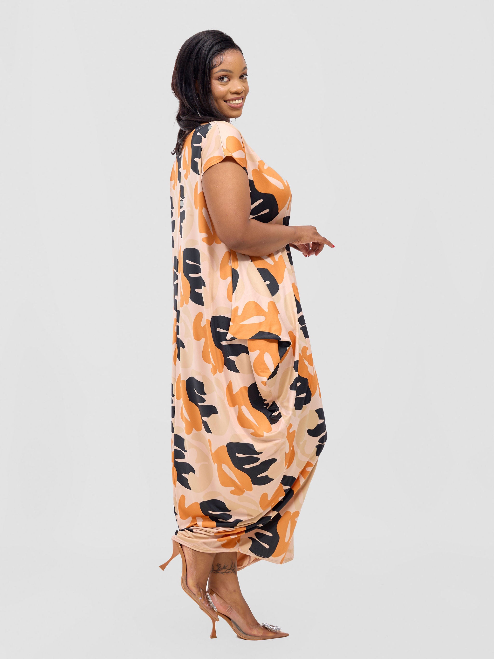 Vivo Fimi Drop Shoulder Maxi Dress - Orange / Taupe Chana Print