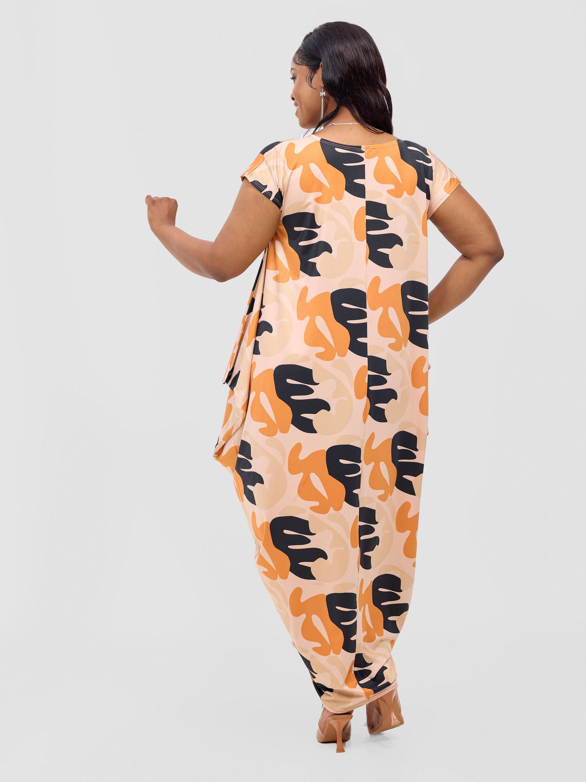 Vivo Fimi Drop Shoulder Maxi Dress - Orange / Taupe Chana Print