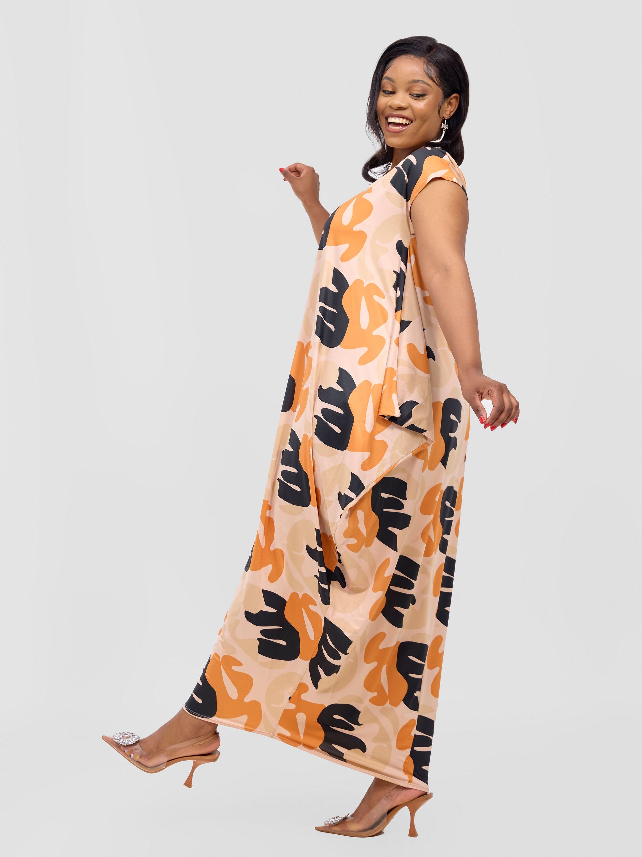 Vivo Fimi Drop Shoulder Maxi Dress - Orange / Taupe Chana Print