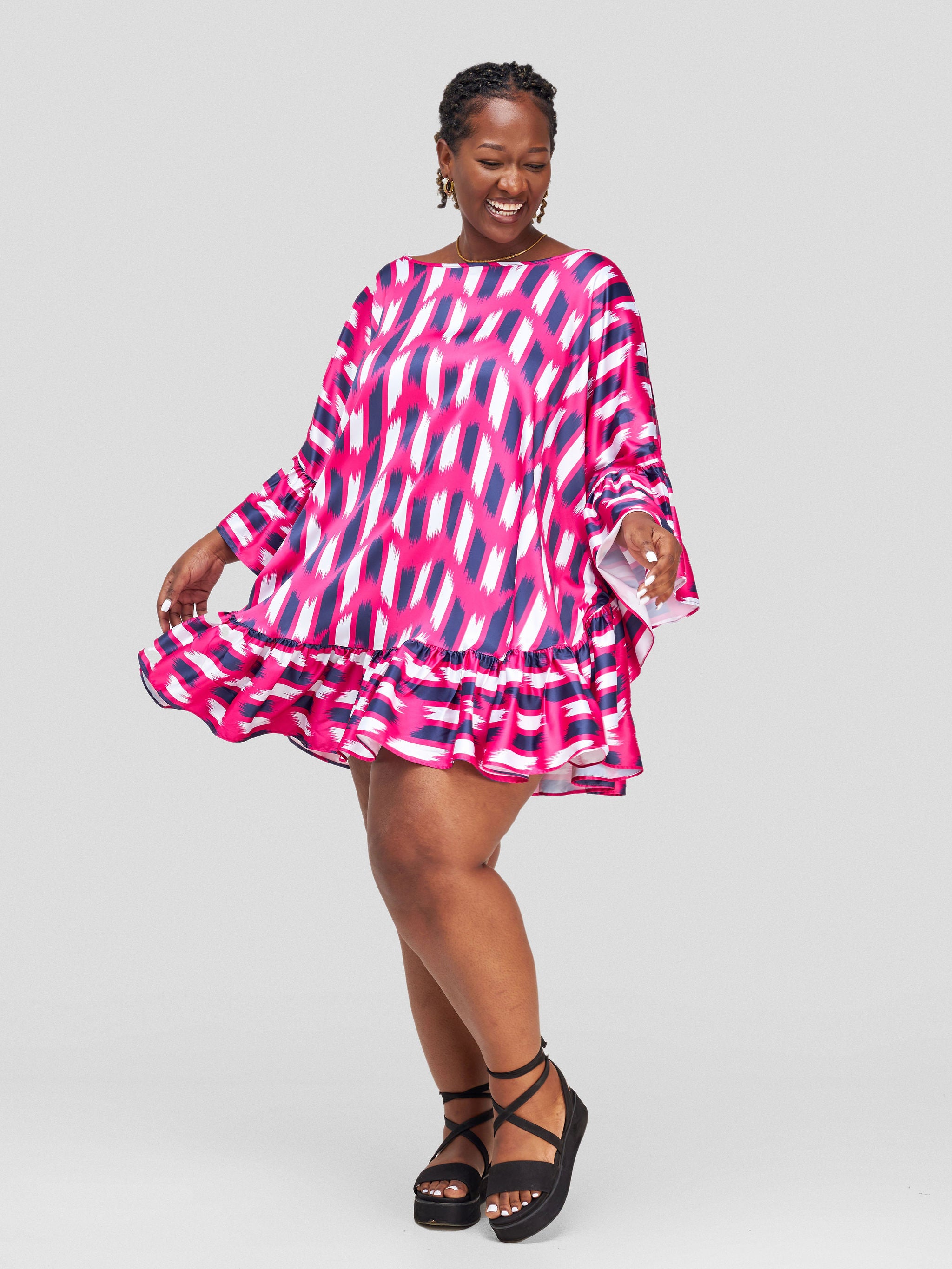 Vivo Malindi Tunic Dress With Frills - Pink / Navy Abstract Print
