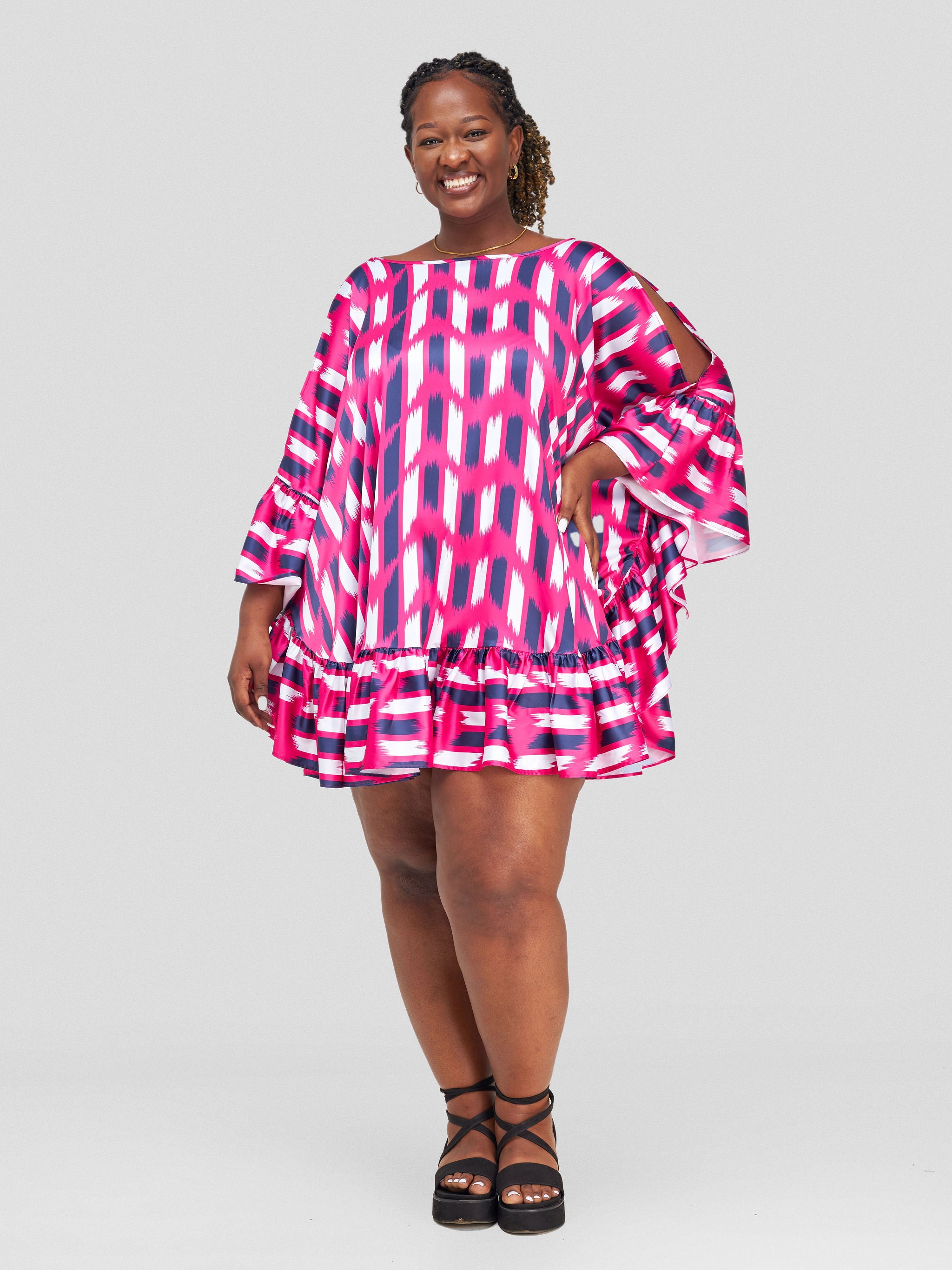 Vivo Malindi Tunic Dress With Frills - Pink / Navy Abstract Print