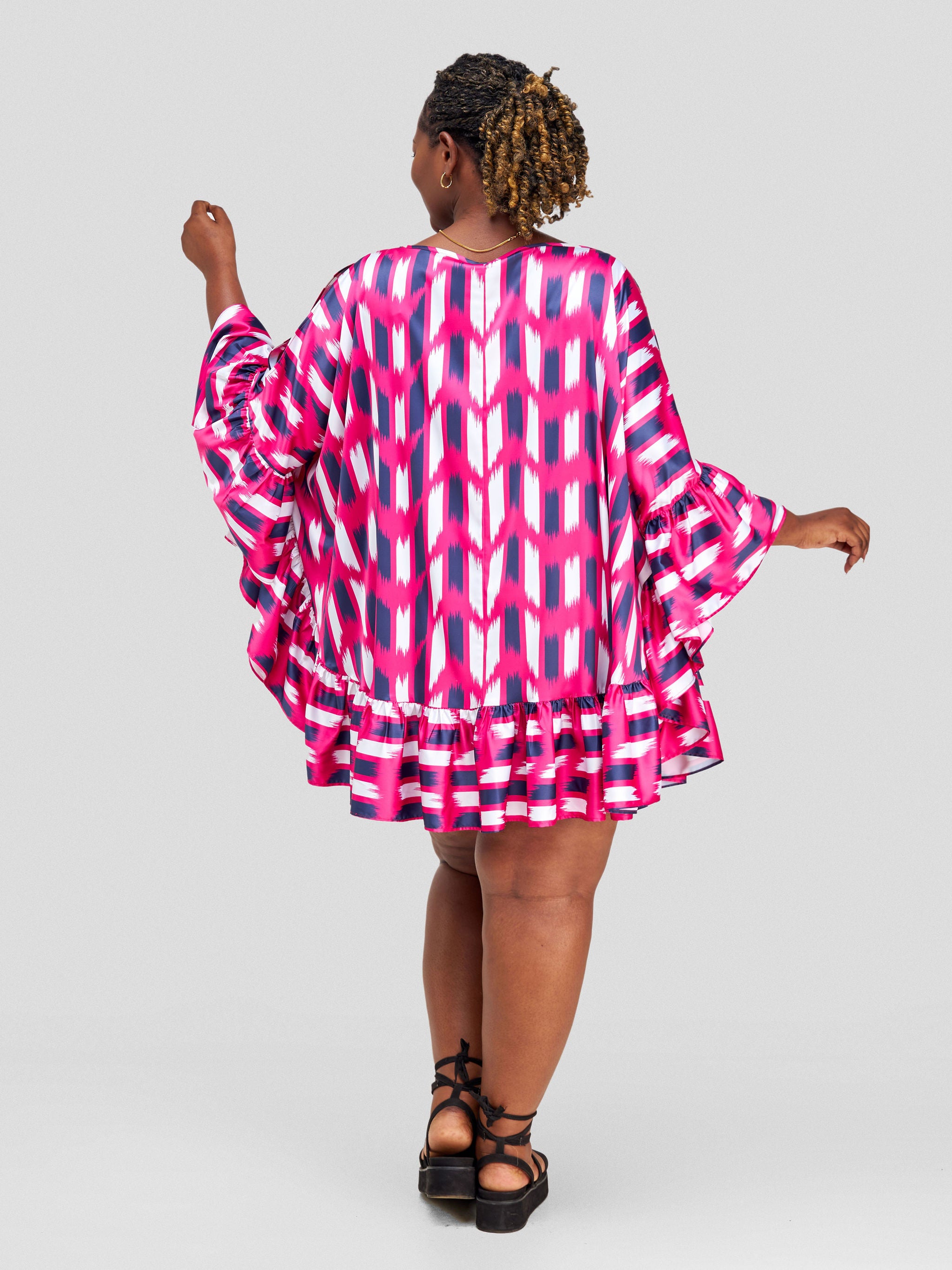 Vivo Malindi Tunic Dress With Frills - Pink / Navy Abstract Print