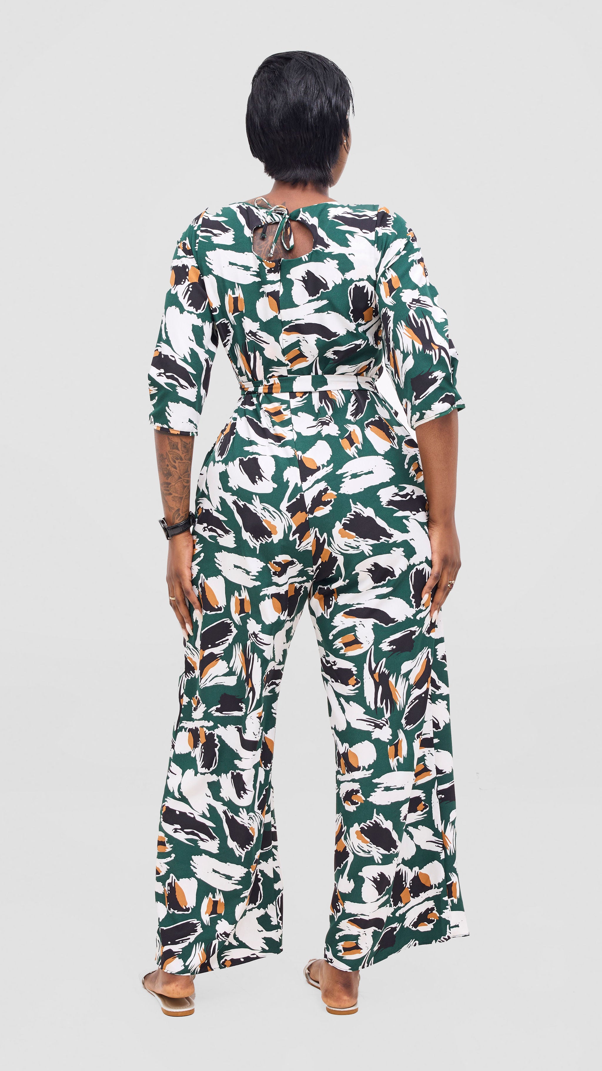 Vivo Zahari Sweatheart Neck Jumpsuit - Green / Black Print